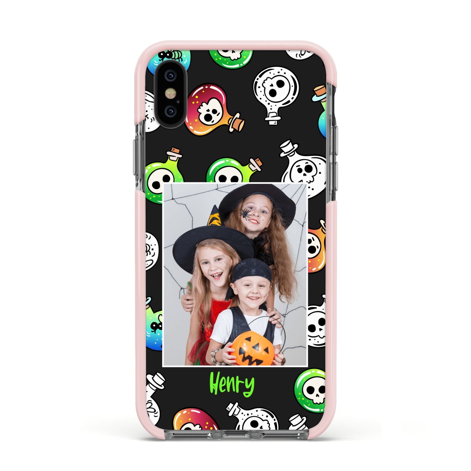 Spooky Potions Halloween Photo Upload Apple iPhone Xs Impact Case Pink Edge on Black Phone