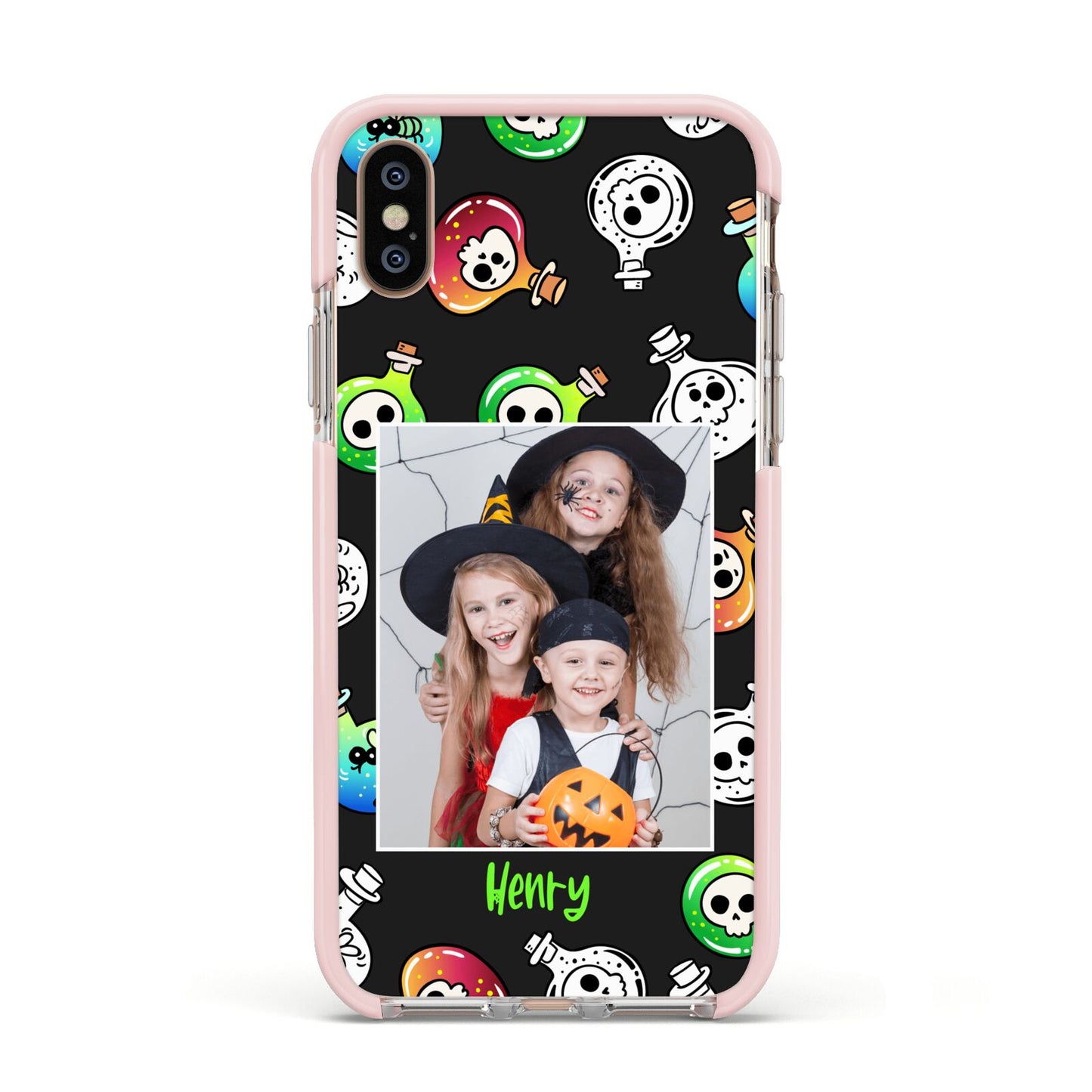 Spooky Potions Halloween Photo Upload Apple iPhone Xs Impact Case Pink Edge on Gold Phone