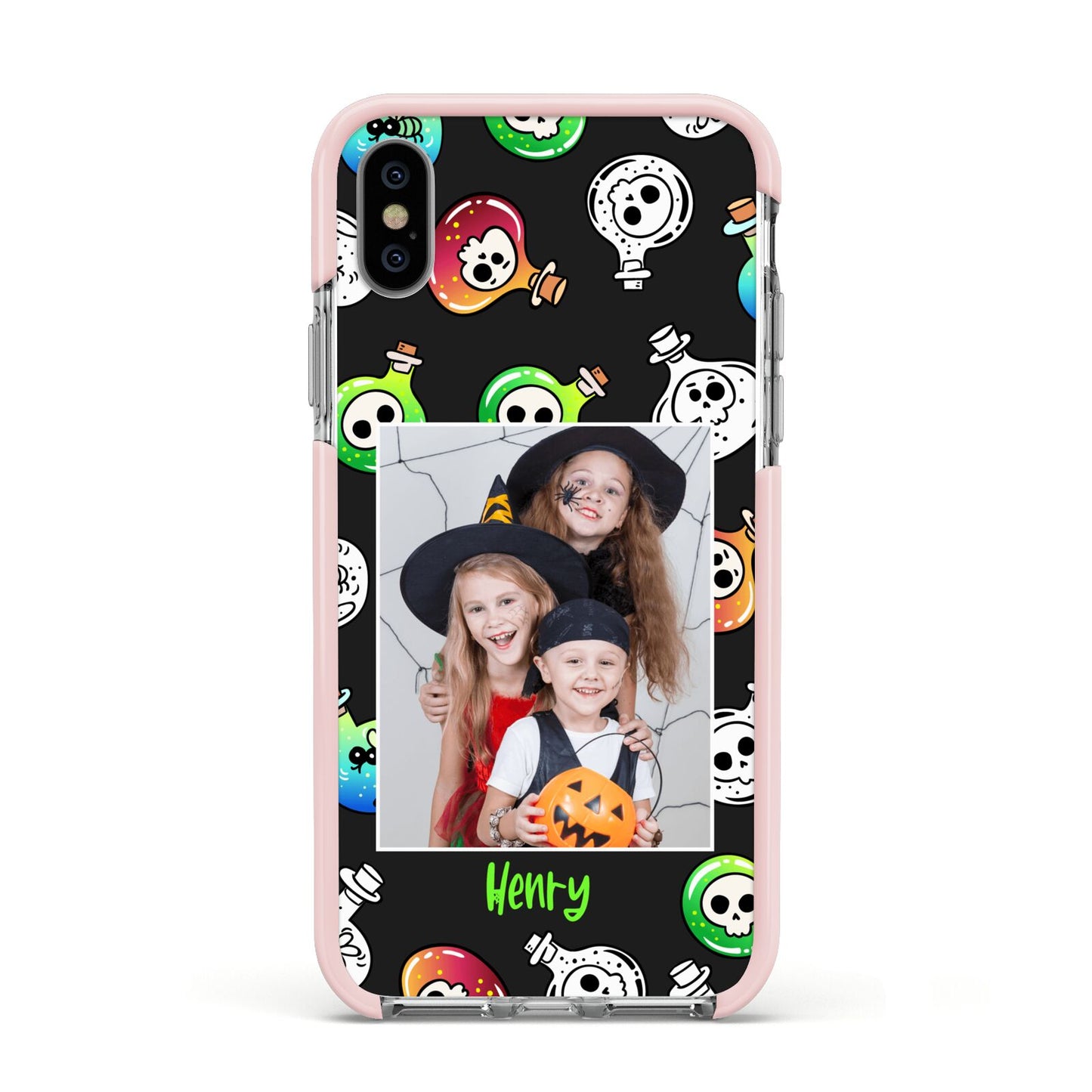 Spooky Potions Halloween Photo Upload Apple iPhone Xs Impact Case Pink Edge on Silver Phone