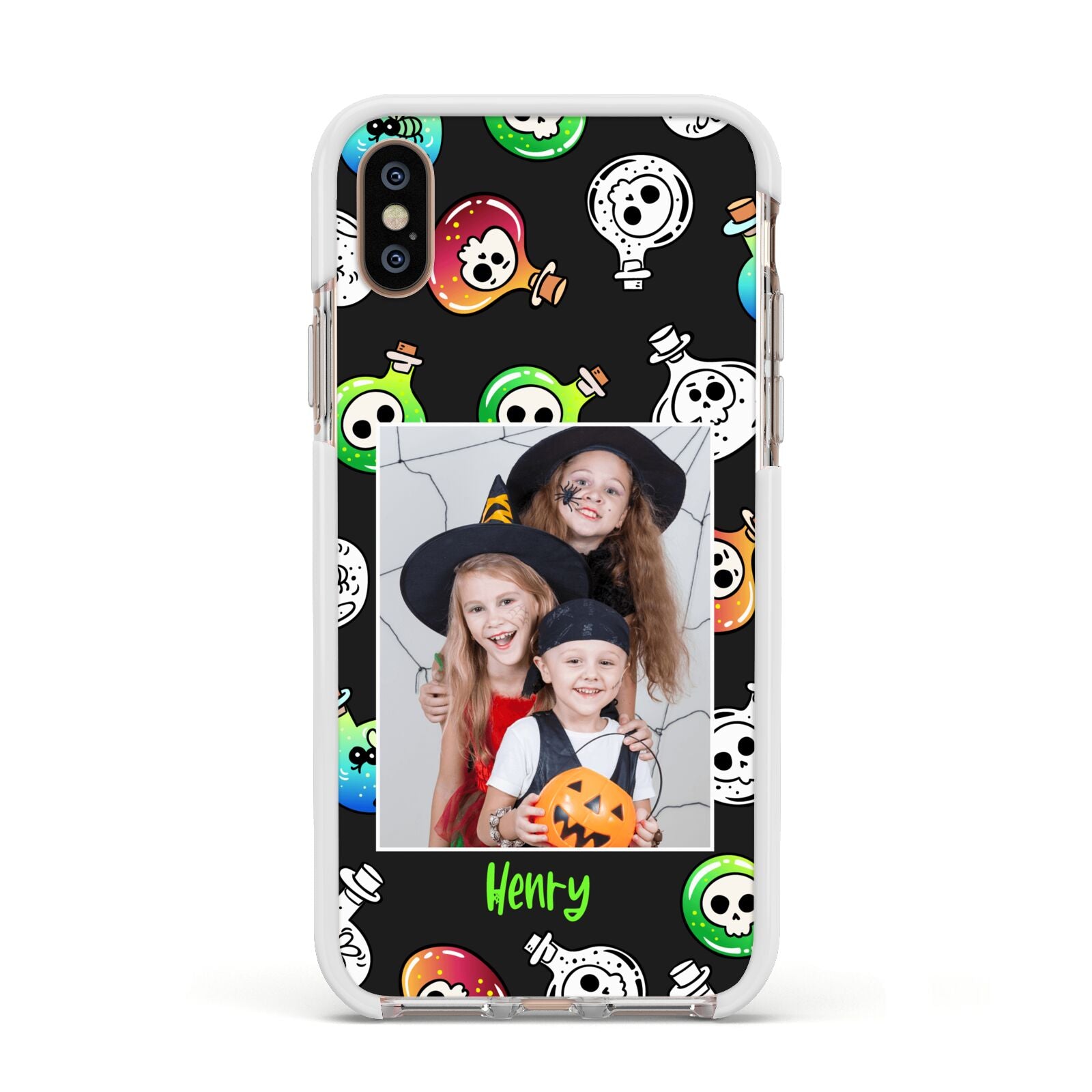 Spooky Potions Halloween Photo Upload Apple iPhone Xs Impact Case White Edge on Gold Phone