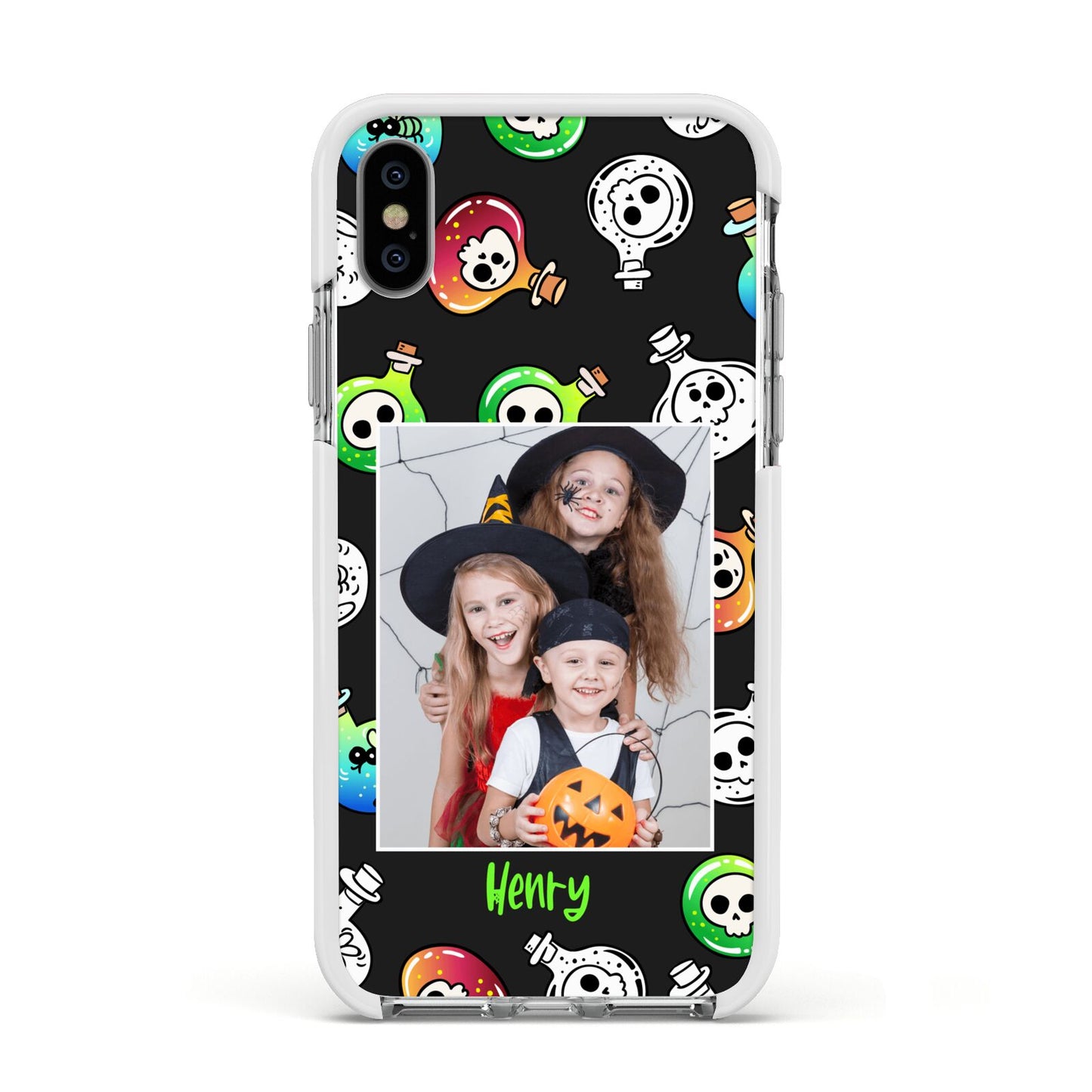 Spooky Potions Halloween Photo Upload Apple iPhone Xs Impact Case White Edge on Silver Phone