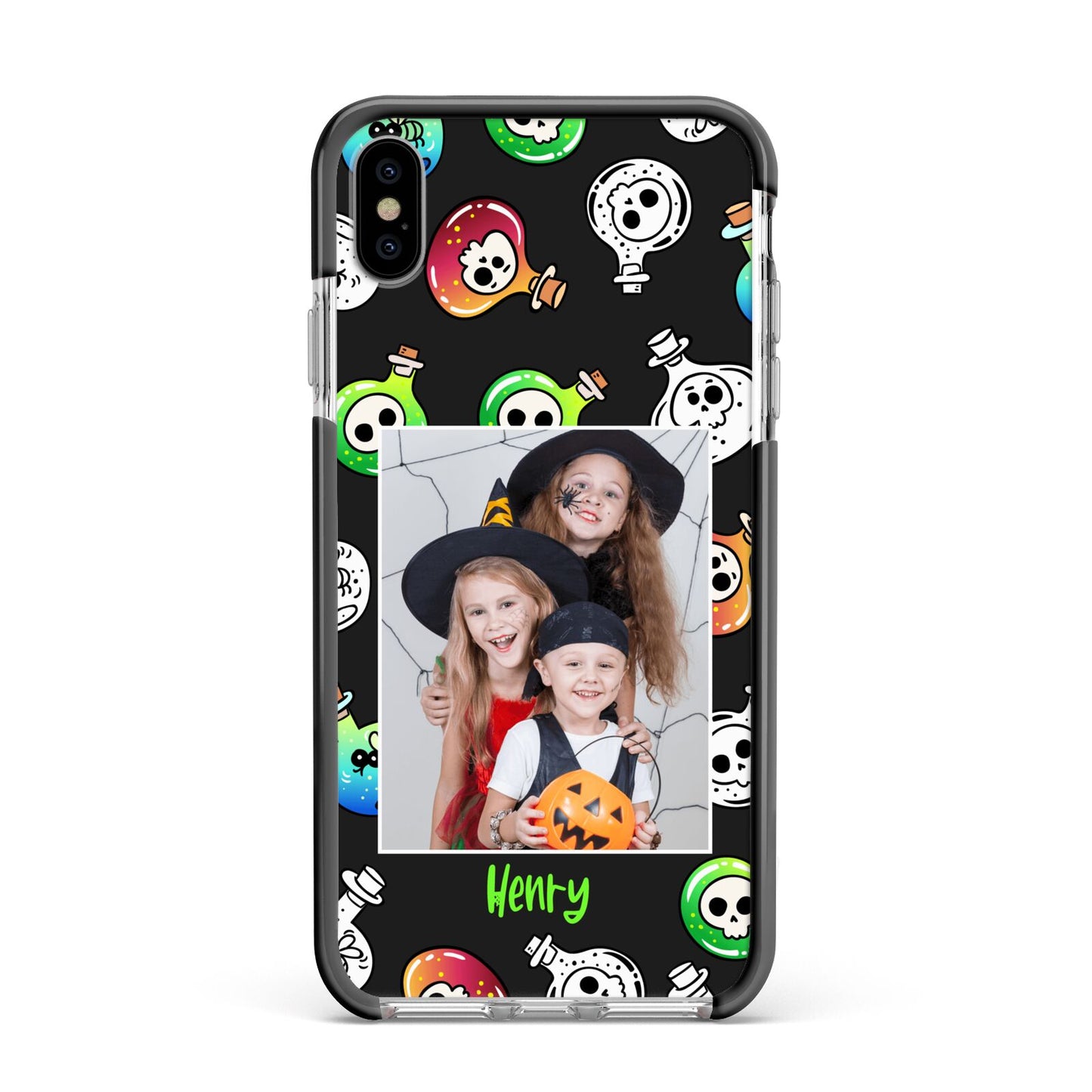 Spooky Potions Halloween Photo Upload Apple iPhone Xs Max Impact Case Black Edge on Silver Phone