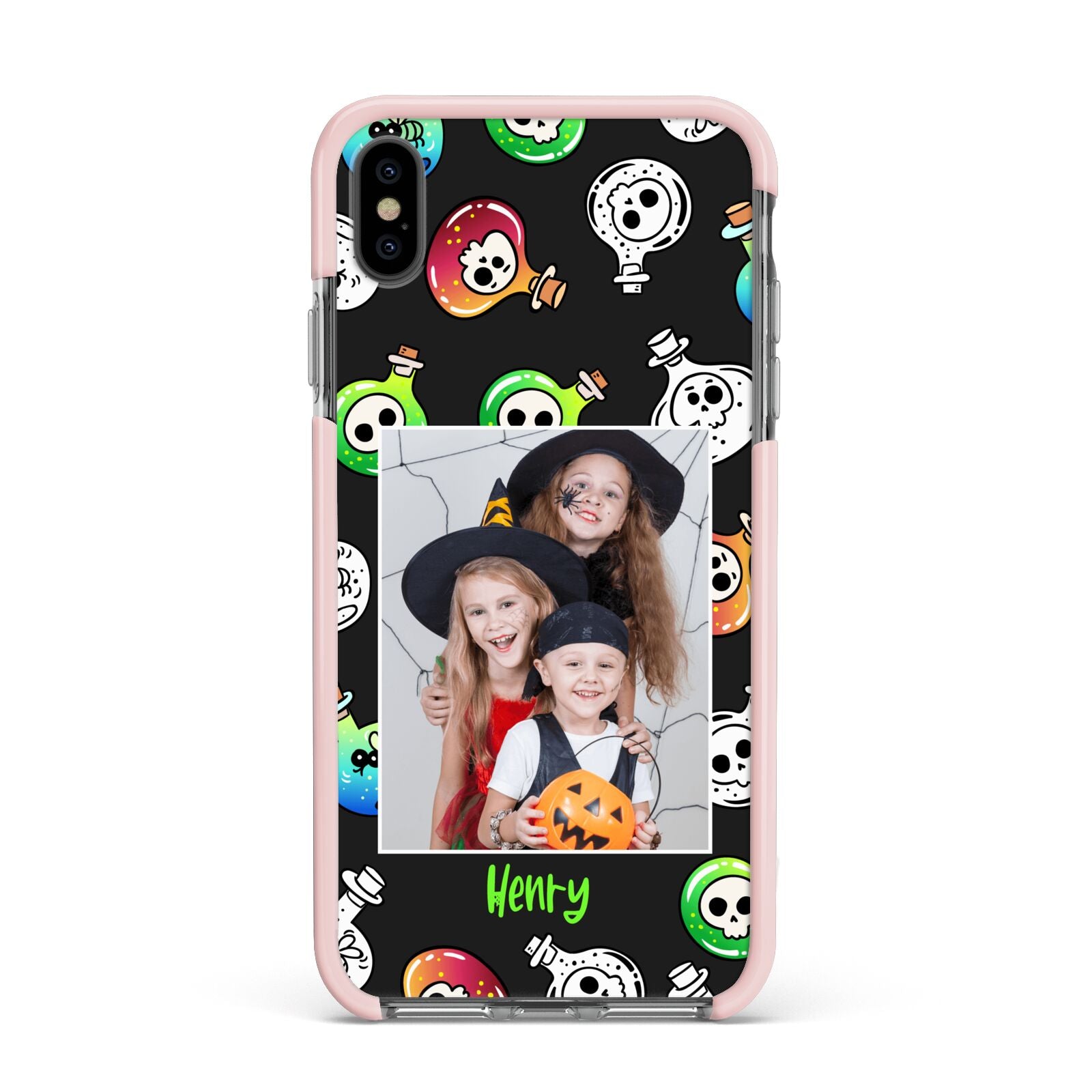 Spooky Potions Halloween Photo Upload Apple iPhone Xs Max Impact Case Pink Edge on Black Phone