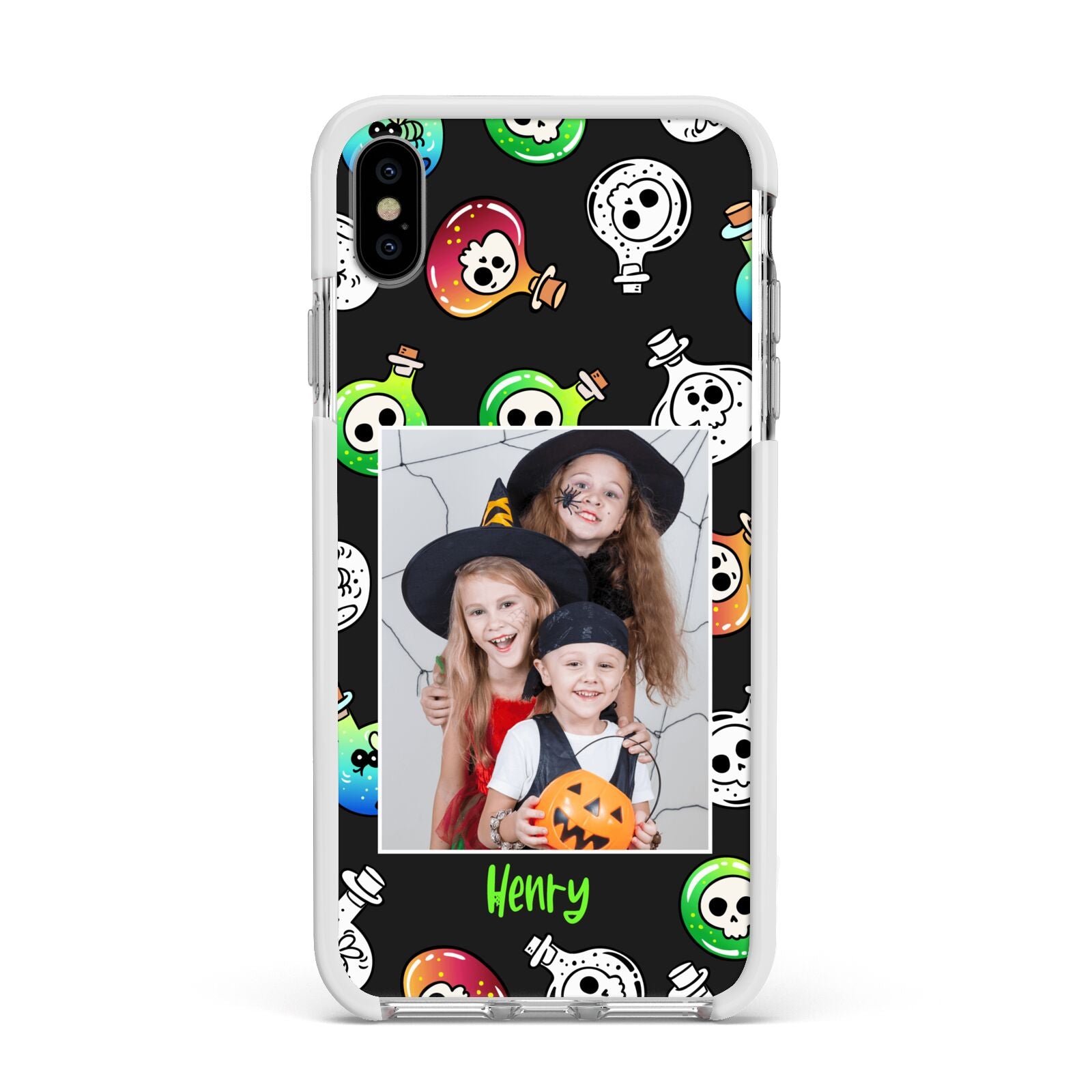 Spooky Potions Halloween Photo Upload Apple iPhone Xs Max Impact Case White Edge on Silver Phone