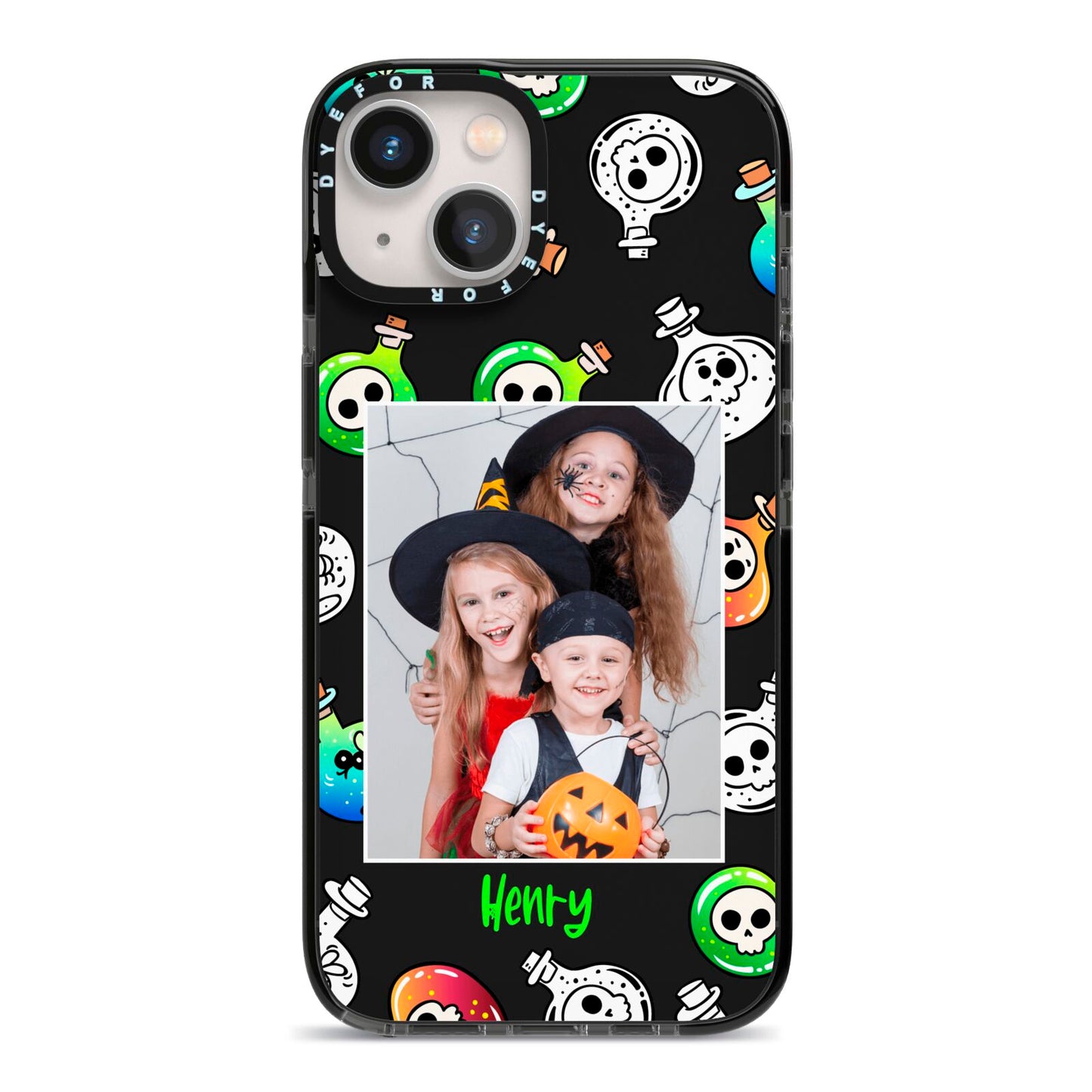 Spooky Potions Halloween Photo Upload iPhone 13 Black Impact Case on Silver phone