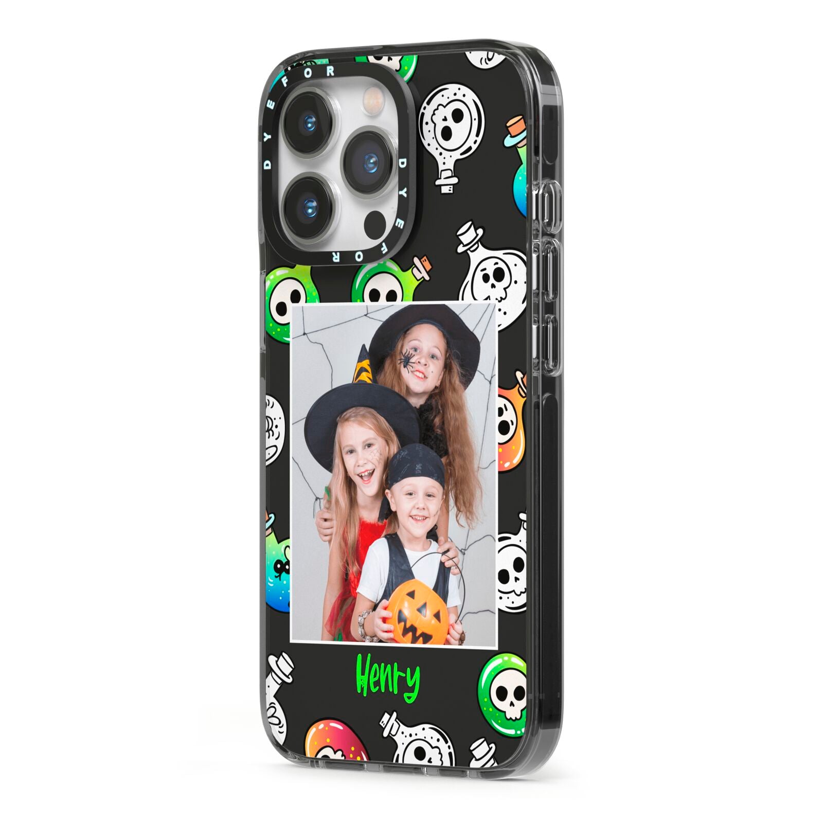 Spooky Potions Halloween Photo Upload iPhone 13 Pro Black Impact Case Side Angle on Silver phone