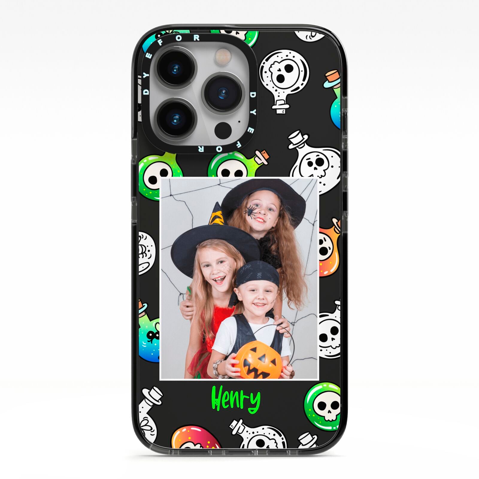 Spooky Potions Halloween Photo Upload iPhone 13 Pro Black Impact Case on Silver phone