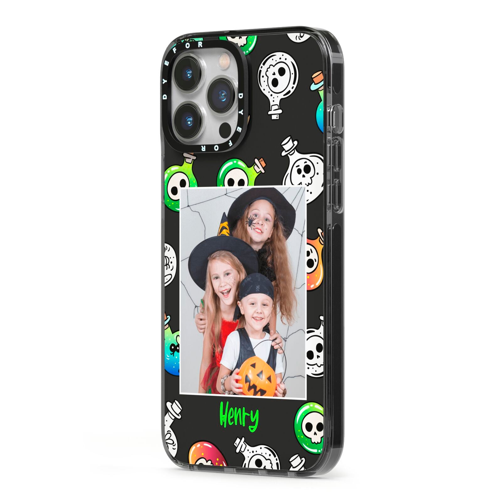 Spooky Potions Halloween Photo Upload iPhone 13 Pro Max Black Impact Case Side Angle on Silver phone
