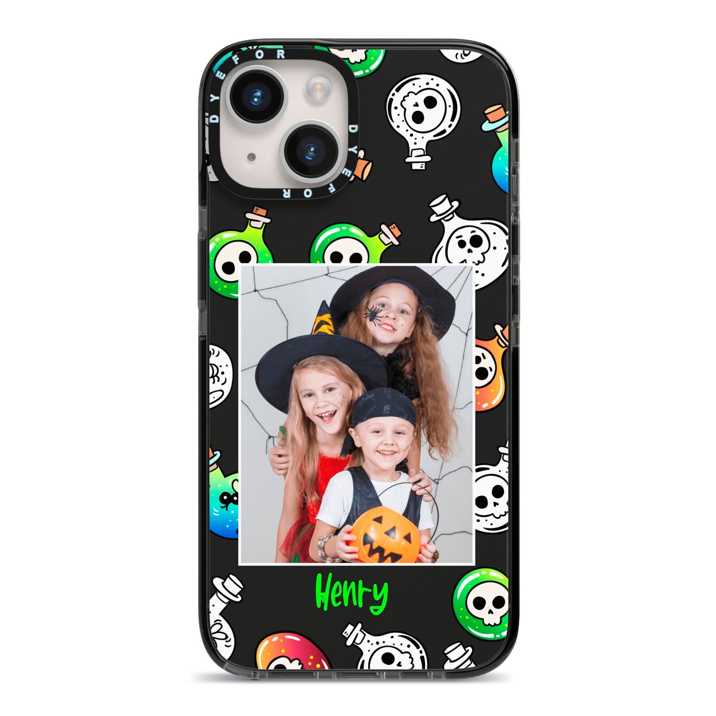 Spooky Potions Halloween Photo Upload iPhone 14 Black Impact Case on Silver phone