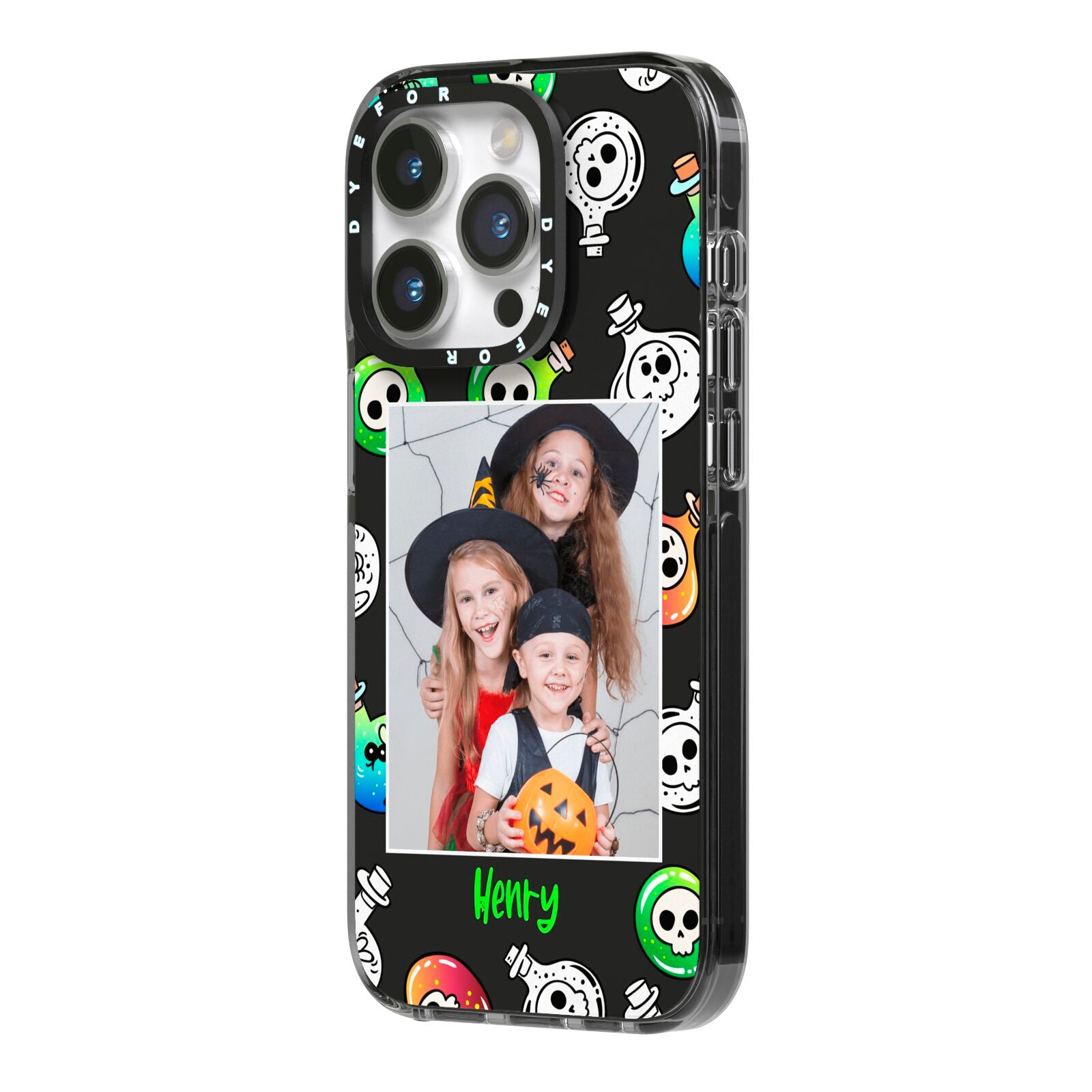 Spooky Potions Halloween Photo Upload iPhone 14 Pro Black Impact Case Side Angle on Silver phone