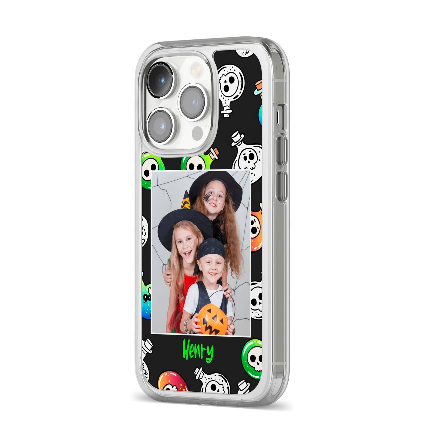 Spooky Potions Halloween Photo Upload iPhone 14 Pro Clear Tough Case Silver Angled Image