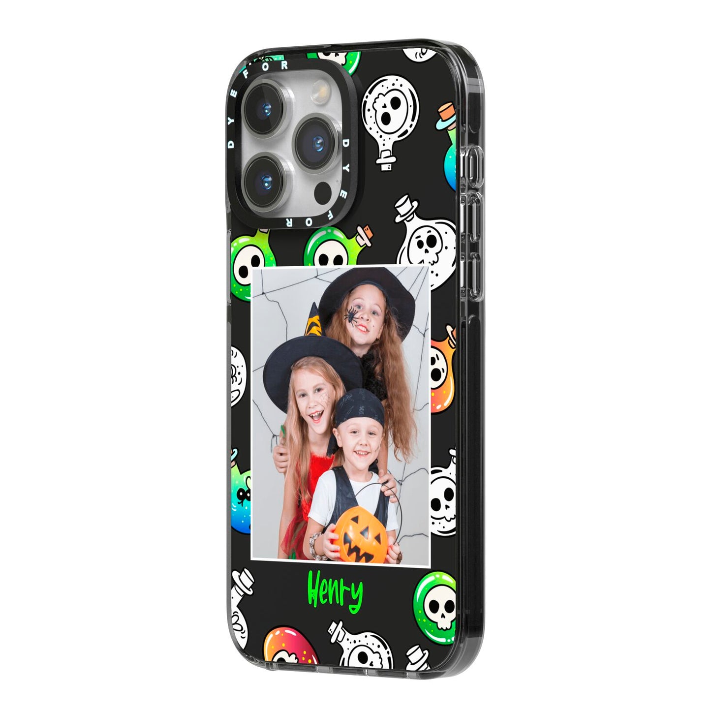 Spooky Potions Halloween Photo Upload iPhone 14 Pro Max Black Impact Case Side Angle on Silver phone