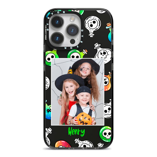 Spooky Potions Halloween Photo Upload iPhone 14 Pro Max Black Impact Case on Silver phone