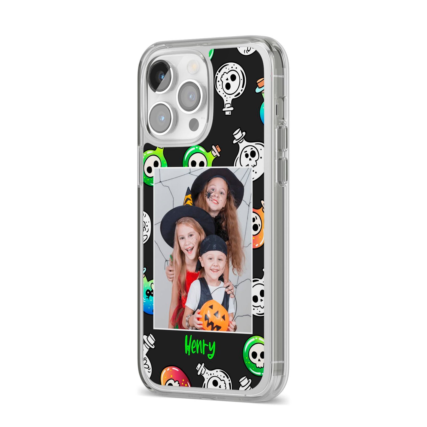 Spooky Potions Halloween Photo Upload iPhone 14 Pro Max Clear Tough Case Silver Angled Image