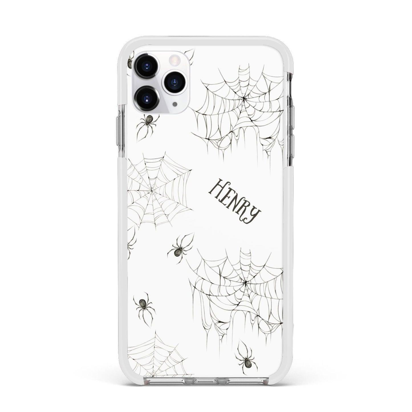 Spooky Spiders Webs Personalised Apple iPhone 11 Pro Max in Silver with White Impact Case