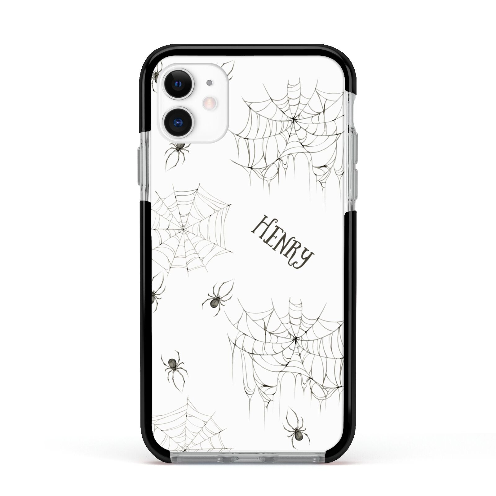 Spooky Spiders Webs Personalised Apple iPhone 11 in White with Black Impact Case