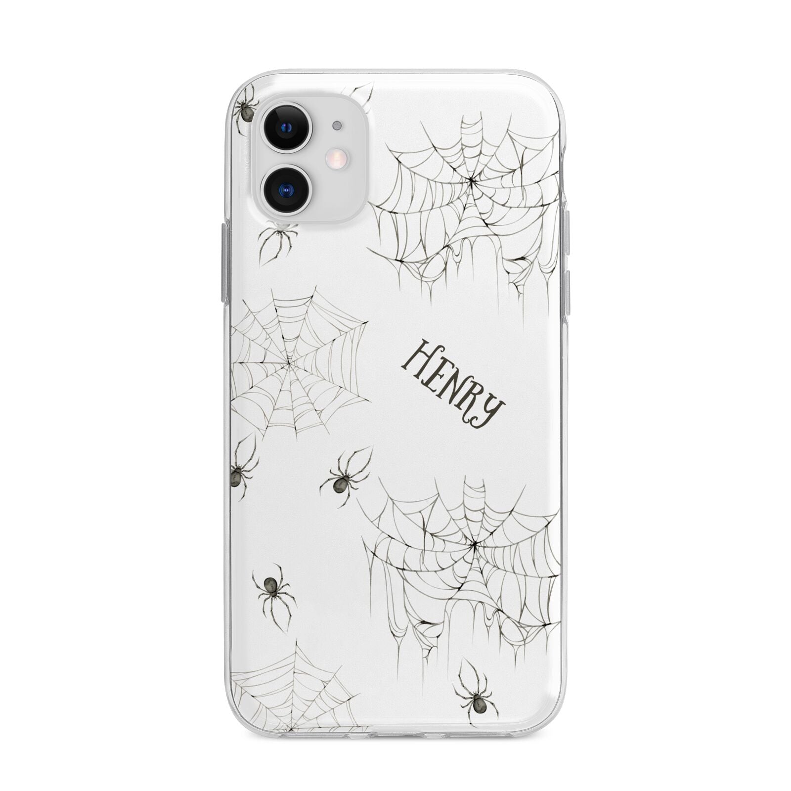Spooky Spiders Webs Personalised Apple iPhone 11 in White with Bumper Case