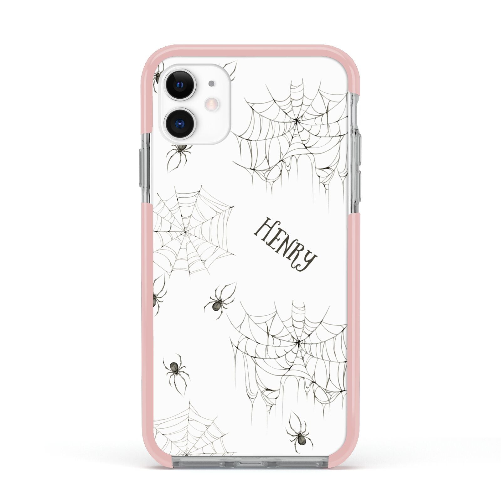 Spooky Spiders Webs Personalised Apple iPhone 11 in White with Pink Impact Case