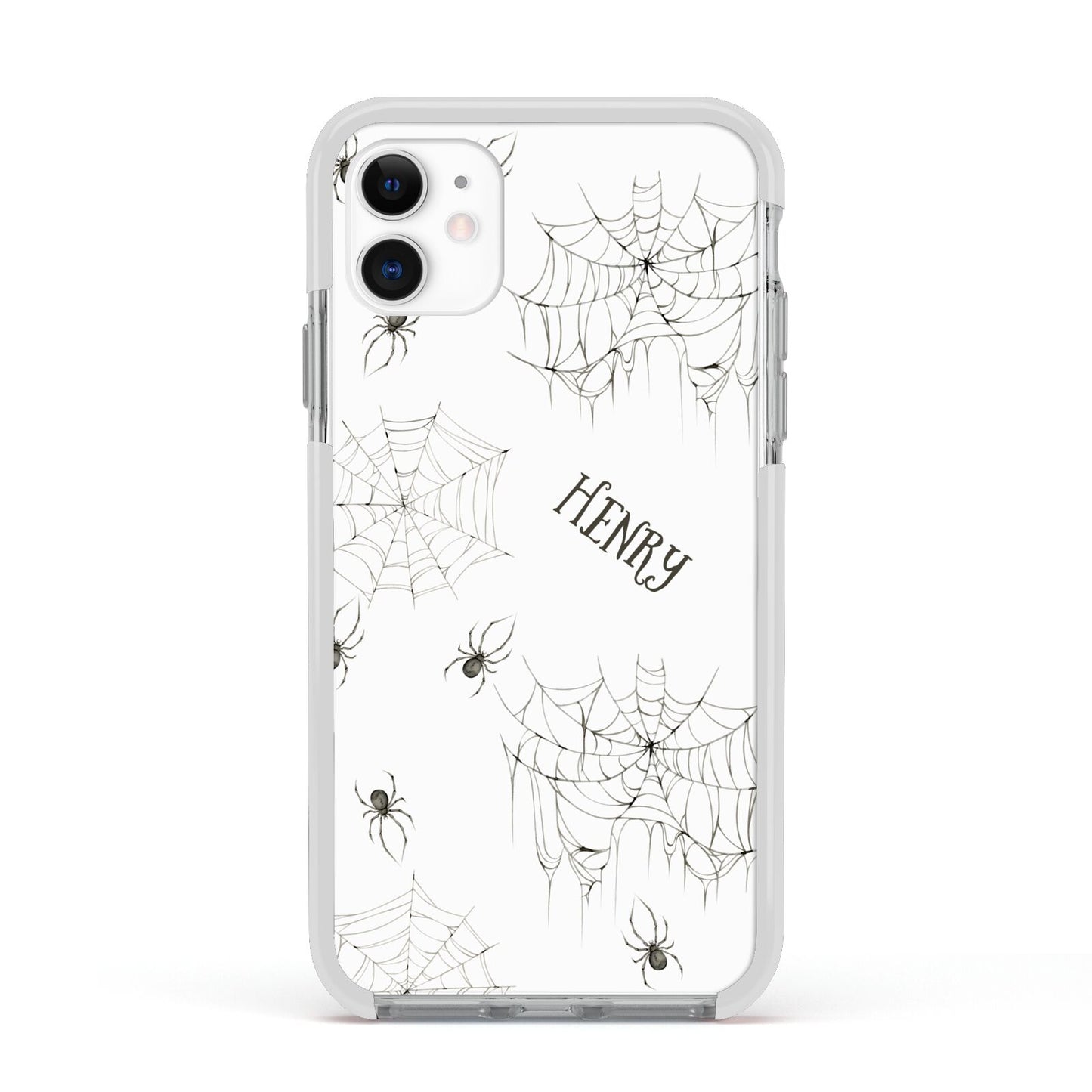 Spooky Spiders Webs Personalised Apple iPhone 11 in White with White Impact Case