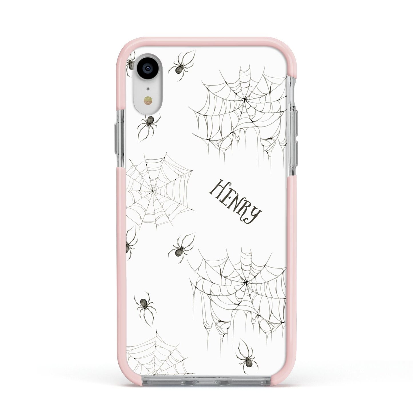 Spooky Spiders Webs Personalised Apple iPhone XR Impact Case Pink Edge on Silver Phone