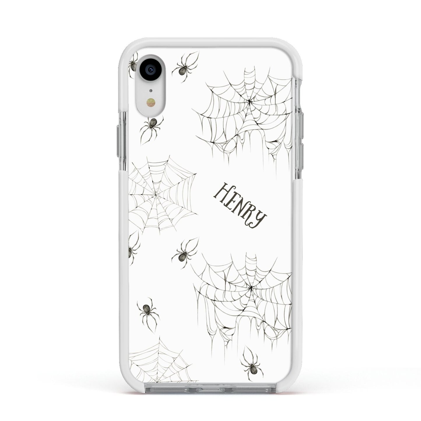 Spooky Spiders Webs Personalised Apple iPhone XR Impact Case White Edge on Silver Phone