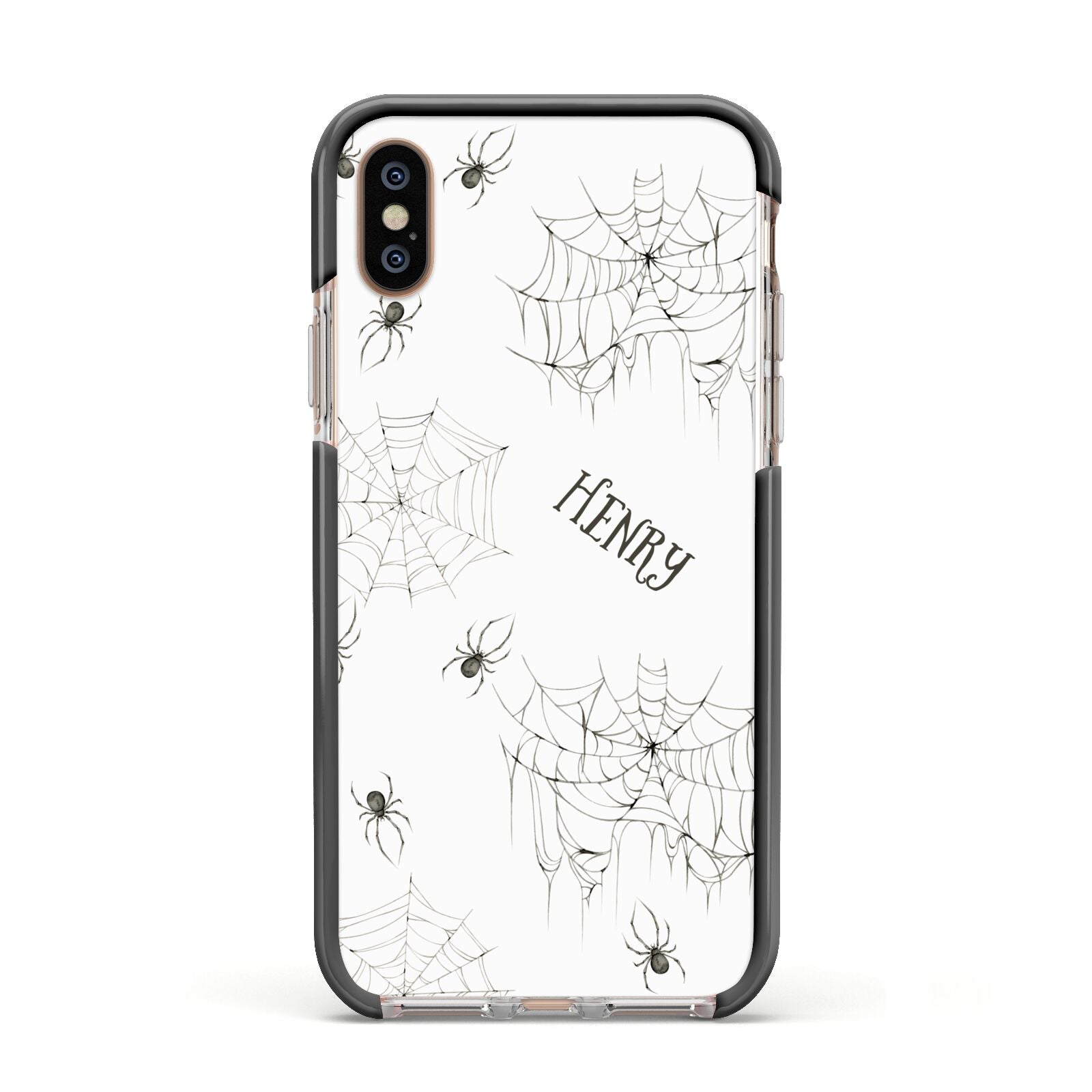 Spooky Spiders Webs Personalised Apple iPhone Xs Impact Case Black Edge on Gold Phone