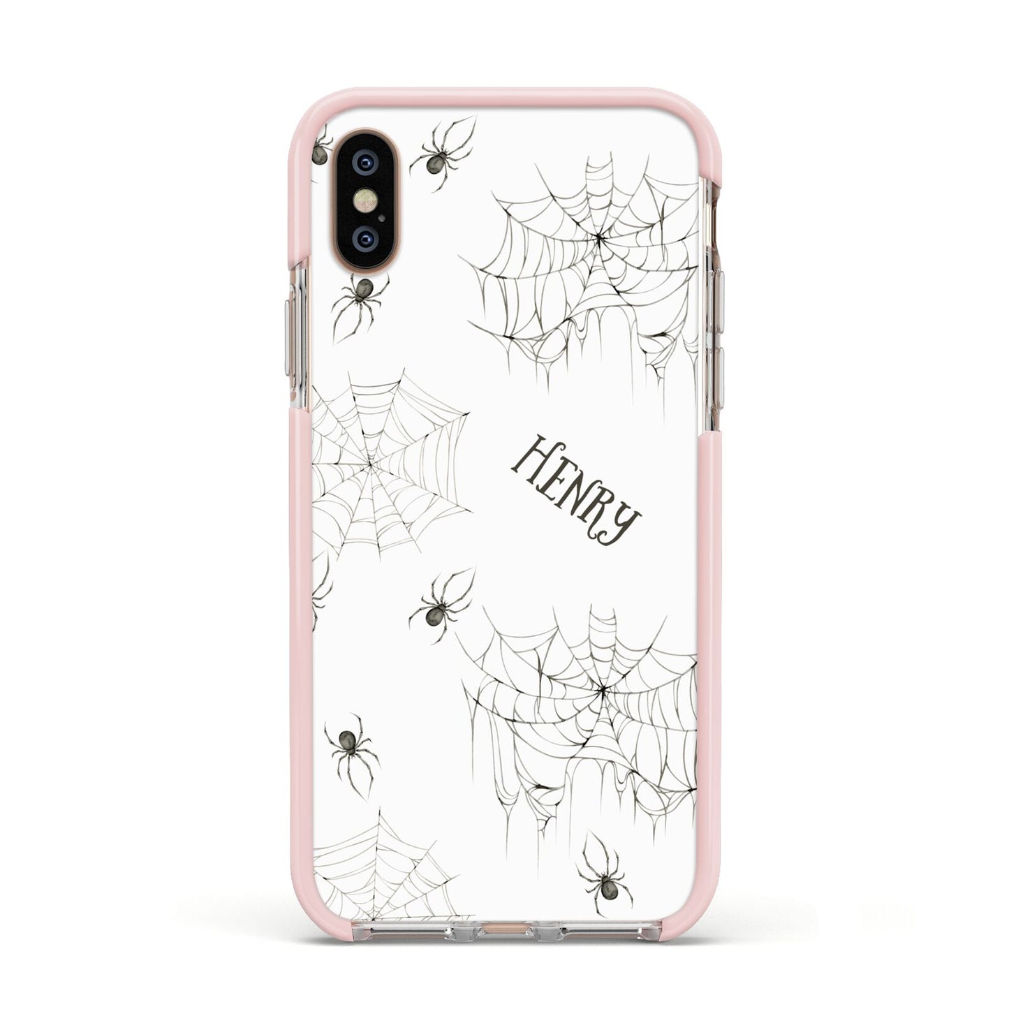 Spooky Spiders Webs Personalised Apple iPhone Xs Impact Case Pink Edge on Gold Phone