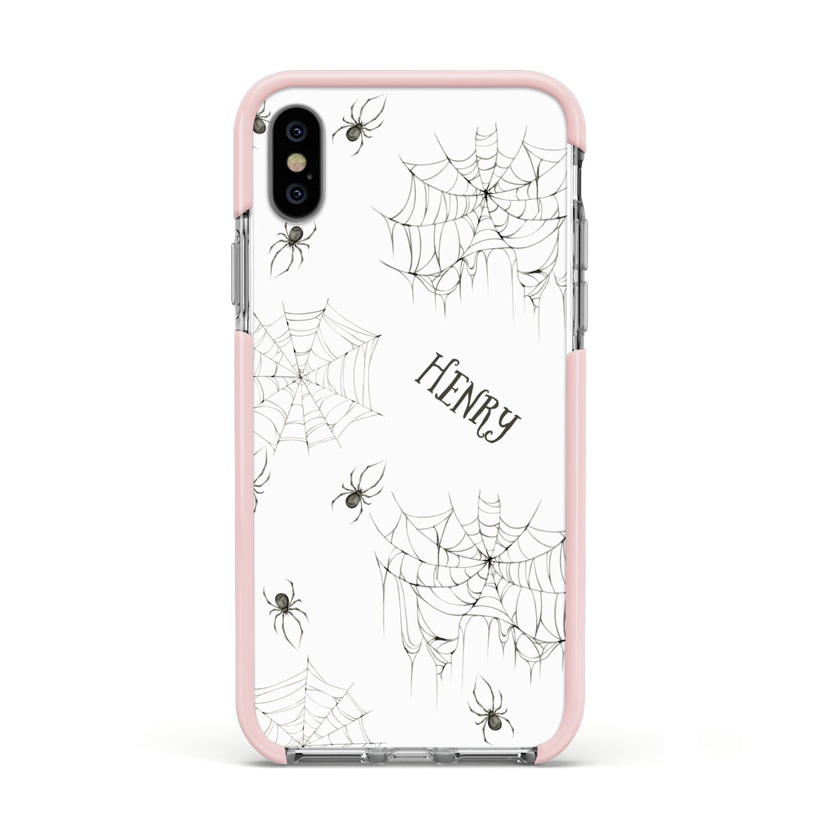 Spooky Spiders Webs Personalised Apple iPhone Xs Impact Case Pink Edge on Silver Phone