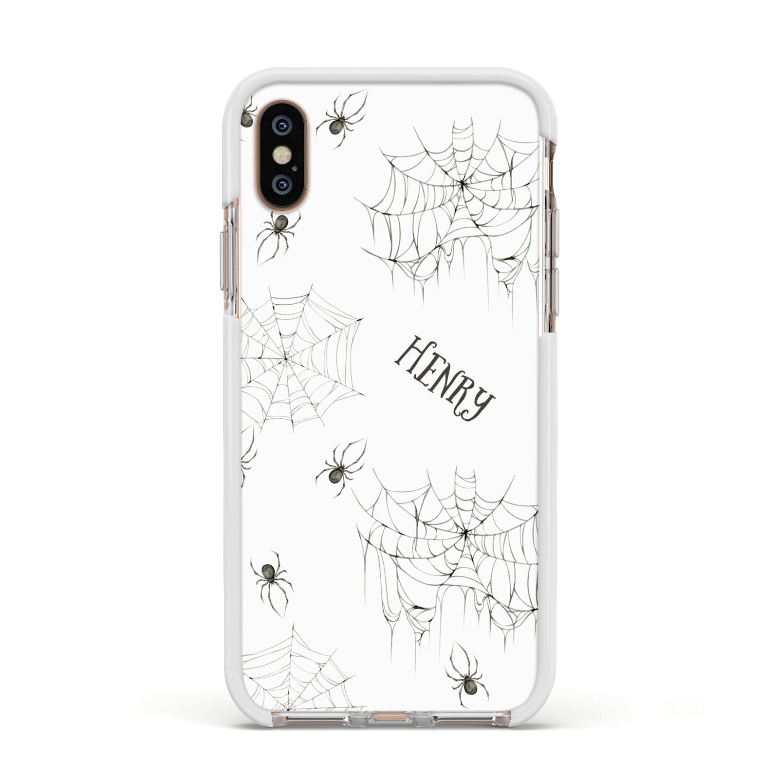 Spooky Spiders Webs Personalised Apple iPhone Xs Impact Case White Edge on Gold Phone