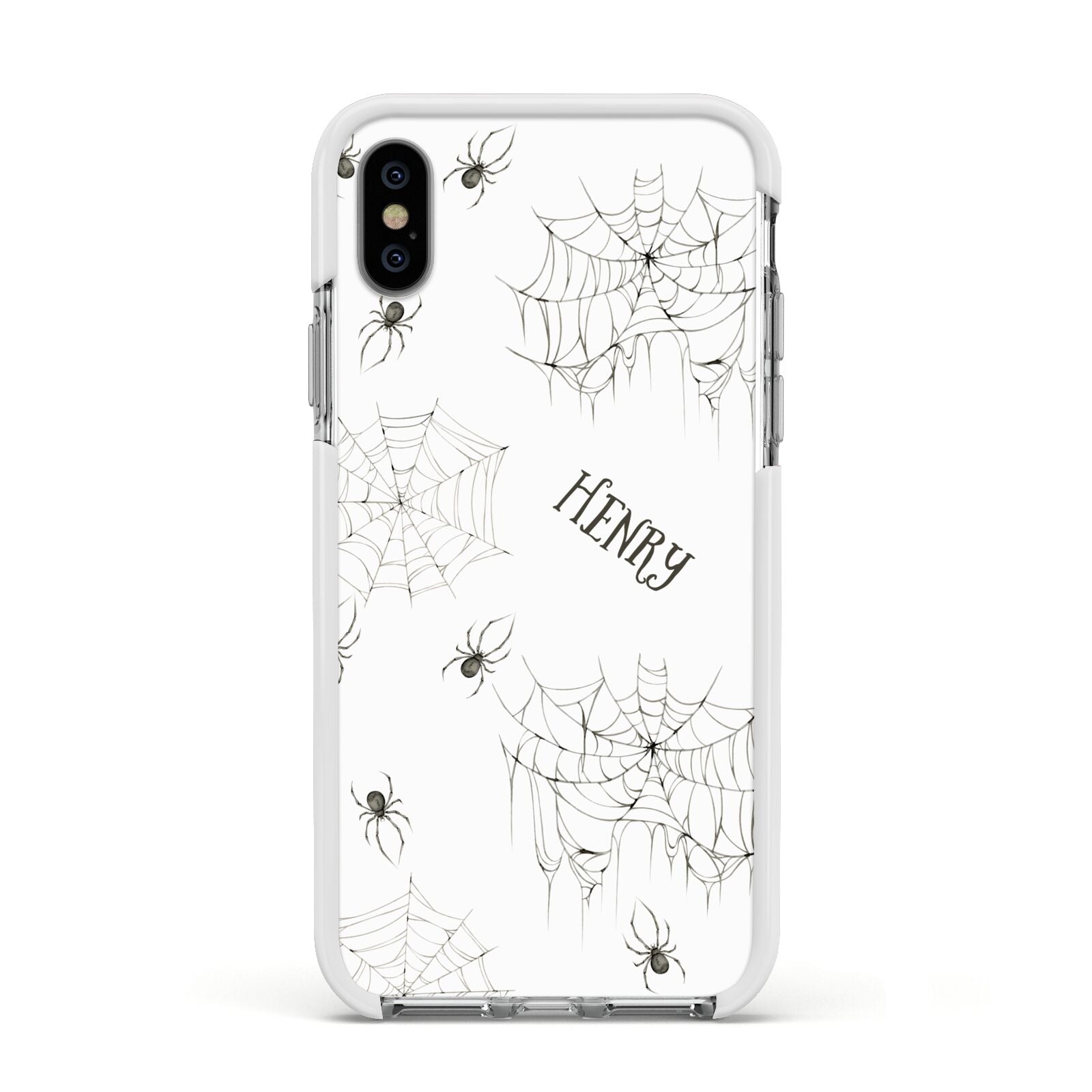 Spooky Spiders Webs Personalised Apple iPhone Xs Impact Case White Edge on Silver Phone