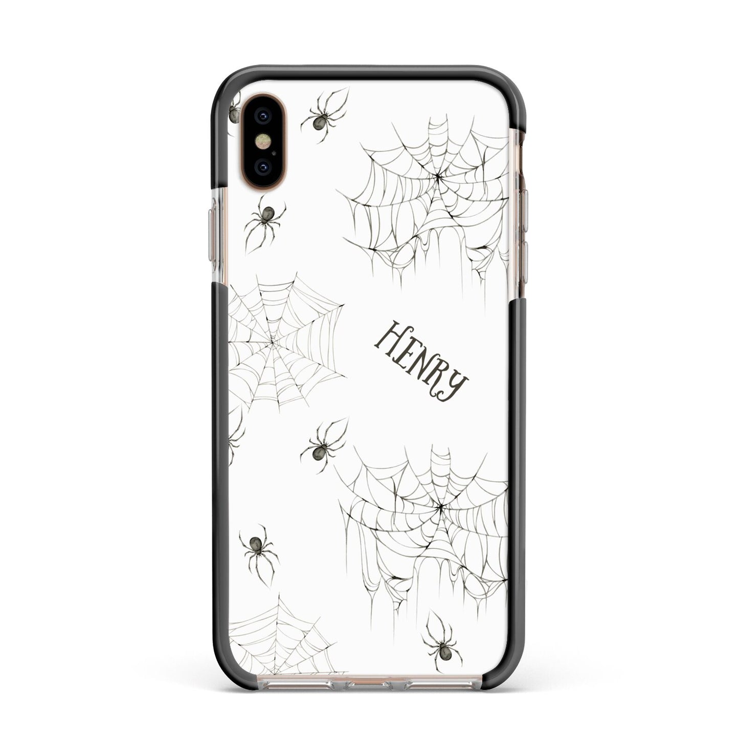 Spooky Spiders Webs Personalised Apple iPhone Xs Max Impact Case Black Edge on Gold Phone
