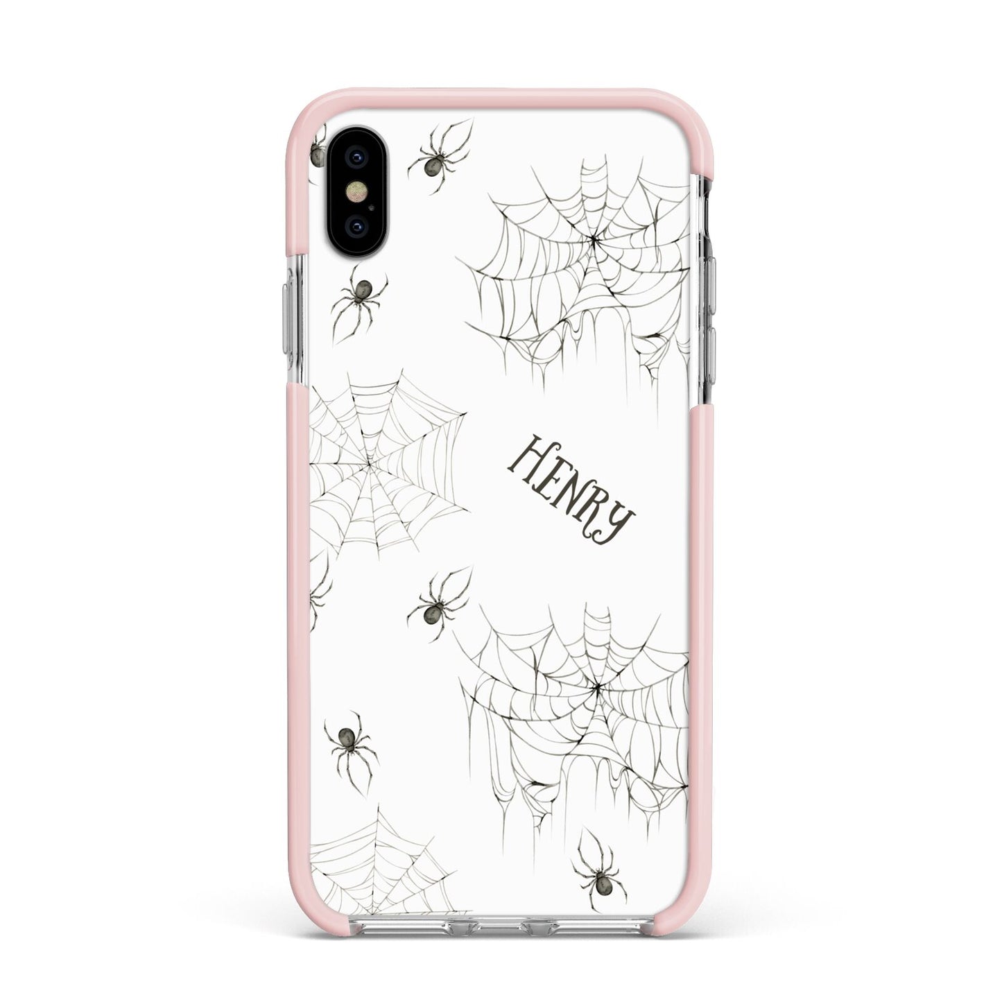 Spooky Spiders Webs Personalised Apple iPhone Xs Max Impact Case Pink Edge on Silver Phone
