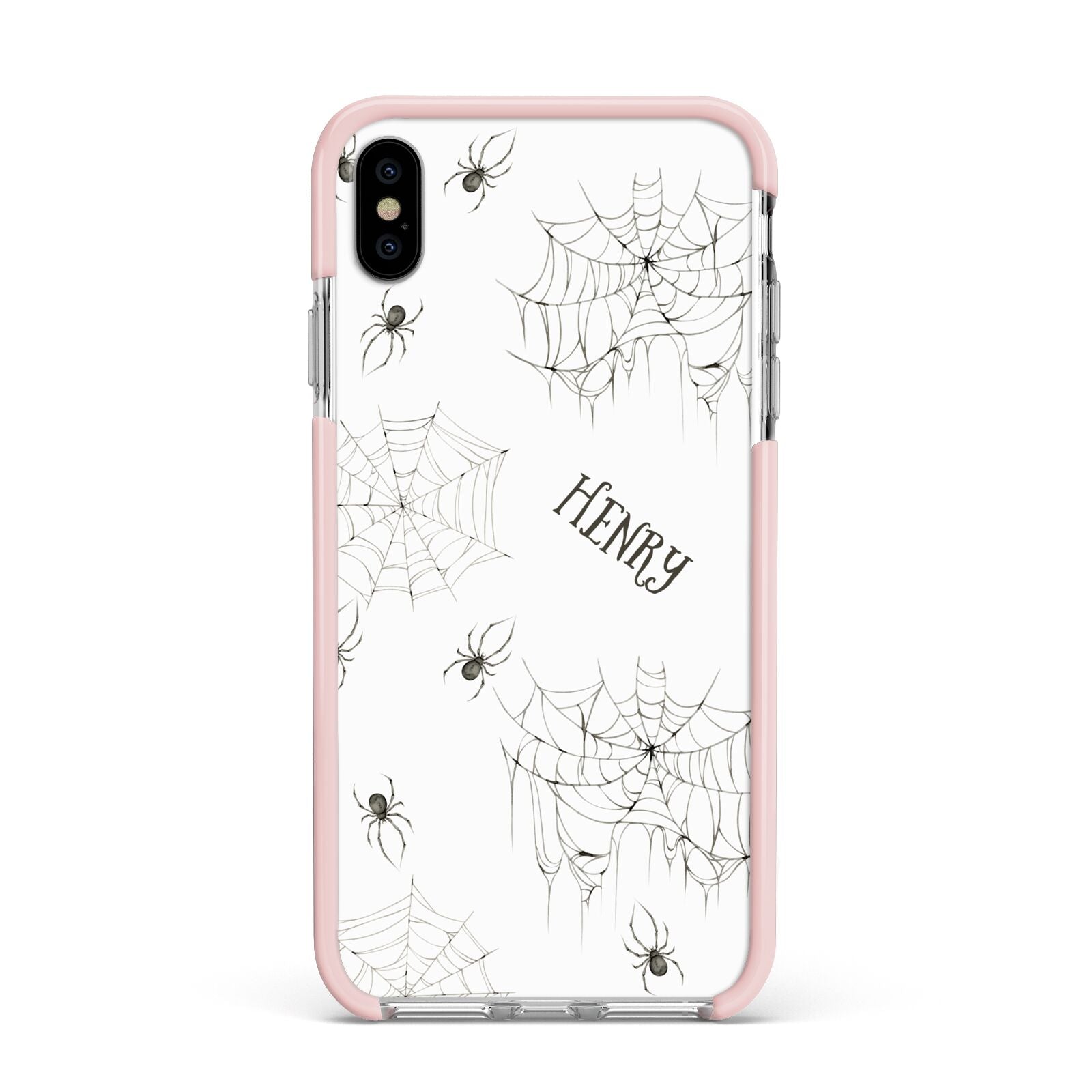 Spooky Spiders Webs Personalised Apple iPhone Xs Max Impact Case Pink Edge on Silver Phone