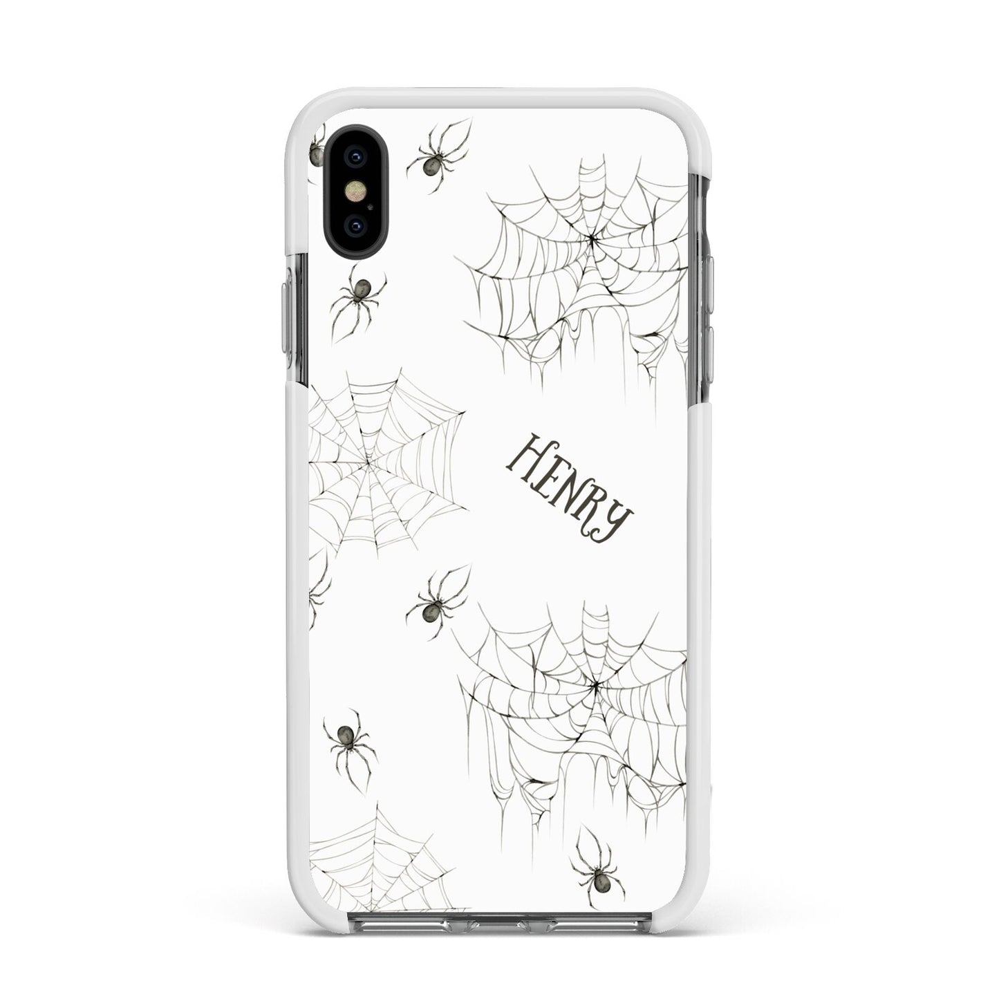 Spooky Spiders Webs Personalised Apple iPhone Xs Max Impact Case White Edge on Black Phone