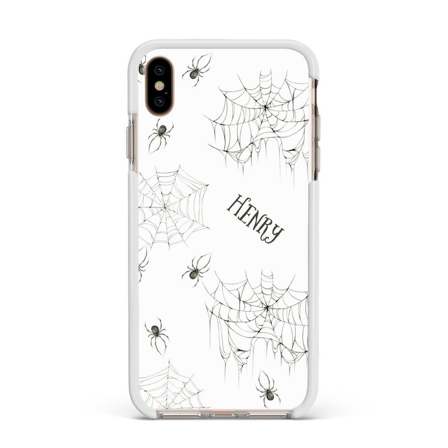 Spooky Spiders Webs Personalised Apple iPhone Xs Max Impact Case White Edge on Gold Phone