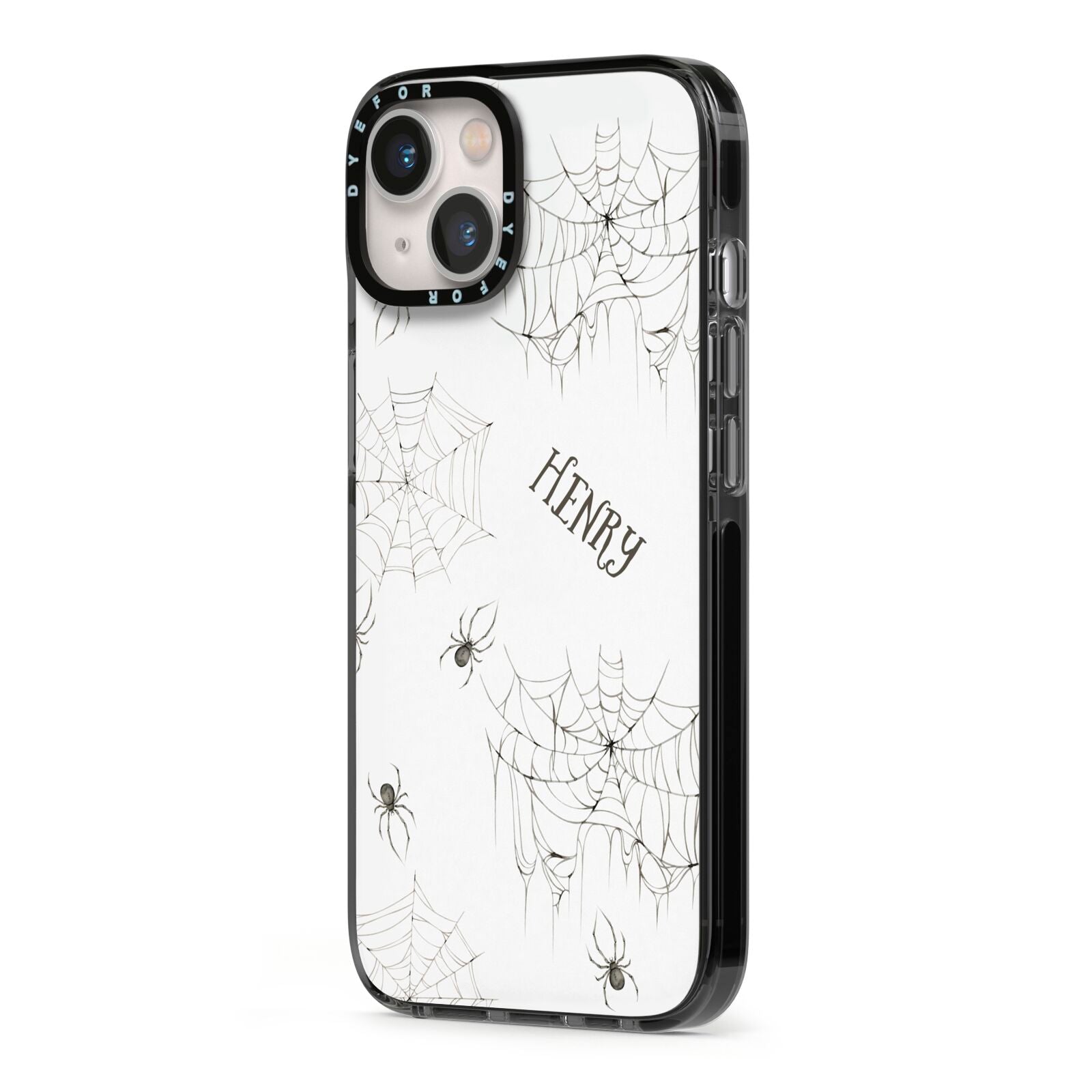 Spooky Spiders Webs Personalised iPhone 13 Black Impact Case Side Angle on Silver phone