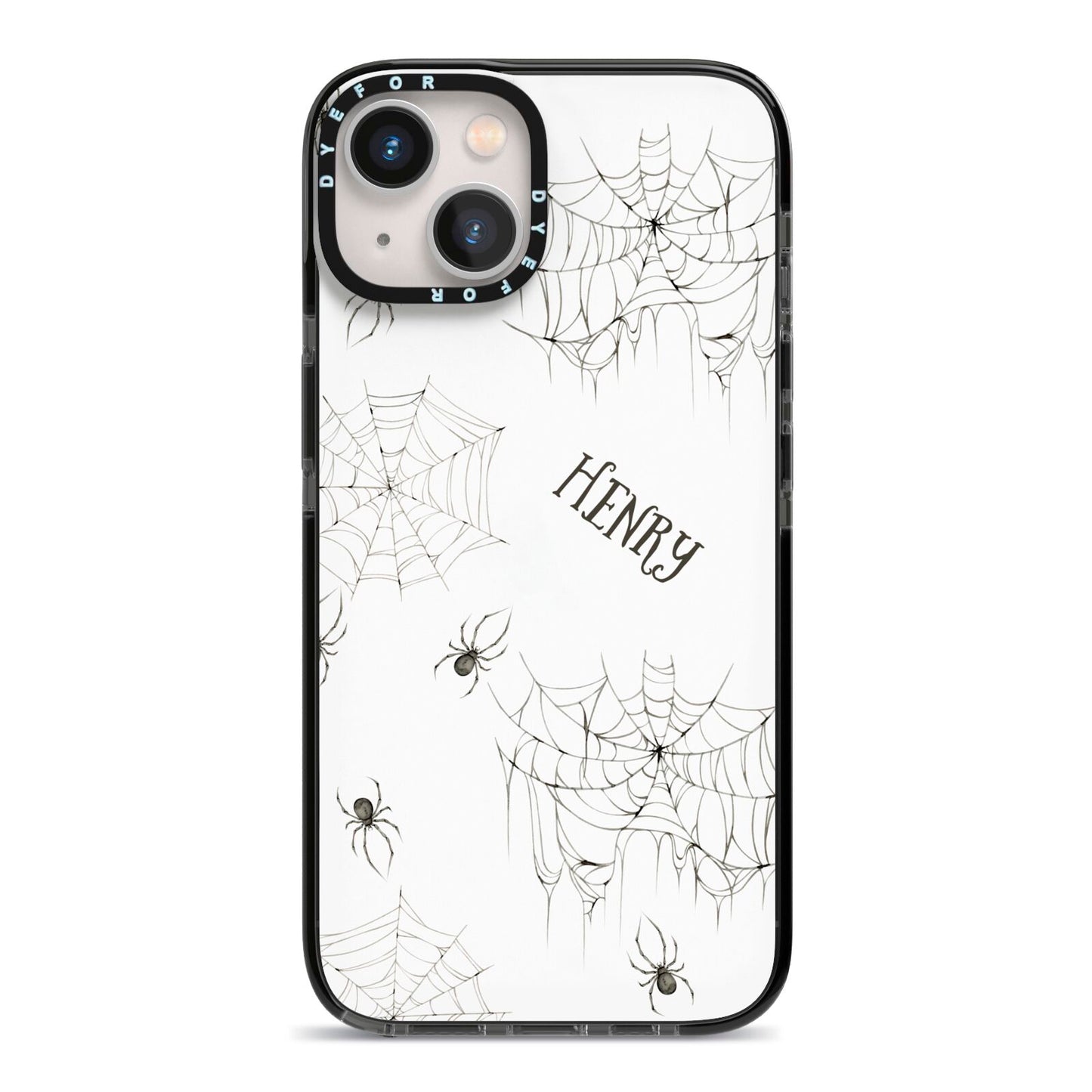 Spooky Spiders Webs Personalised iPhone 13 Black Impact Case on Silver phone