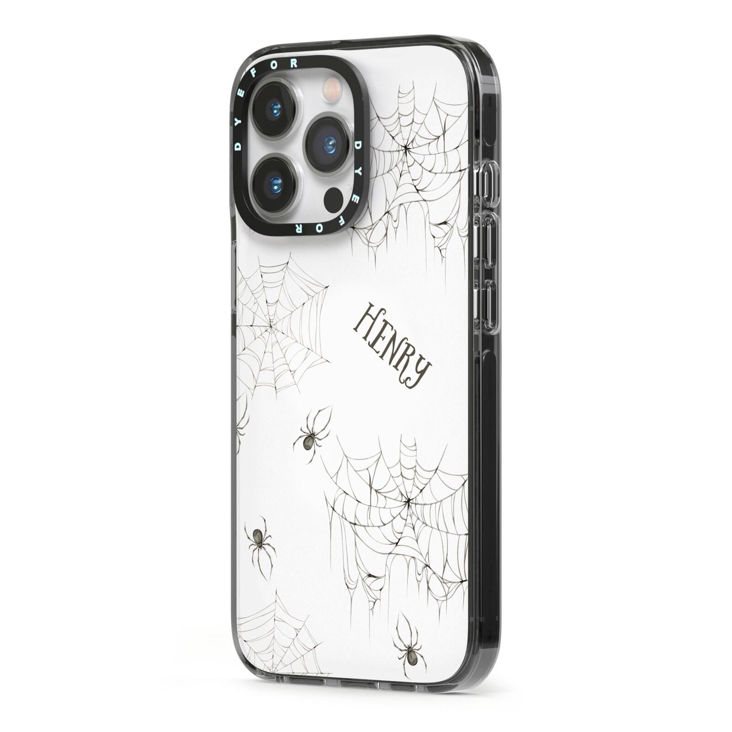Spooky Spiders Webs Personalised iPhone 13 Pro Black Impact Case Side Angle on Silver phone