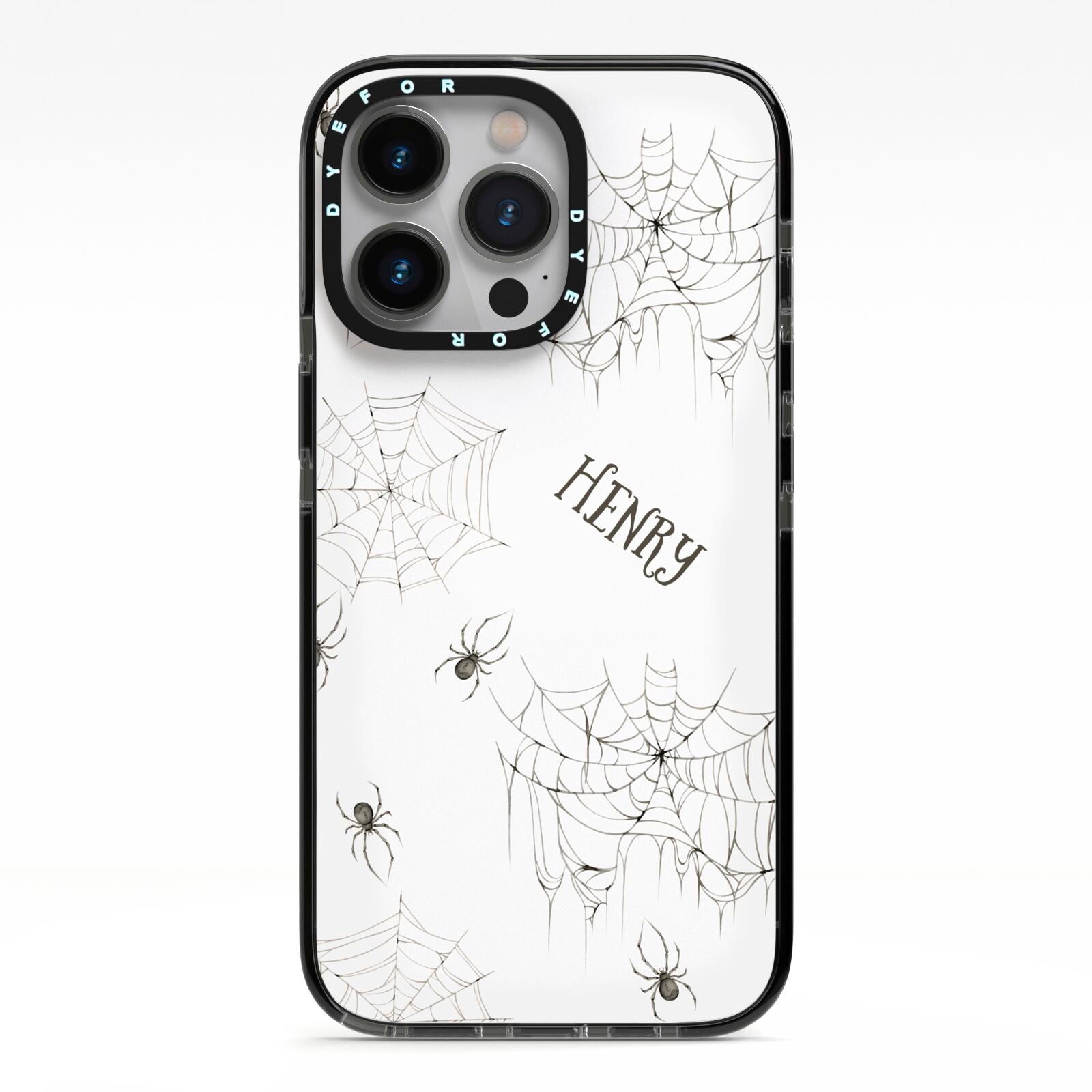 Spooky Spiders Webs Personalised iPhone 13 Pro Black Impact Case on Silver phone