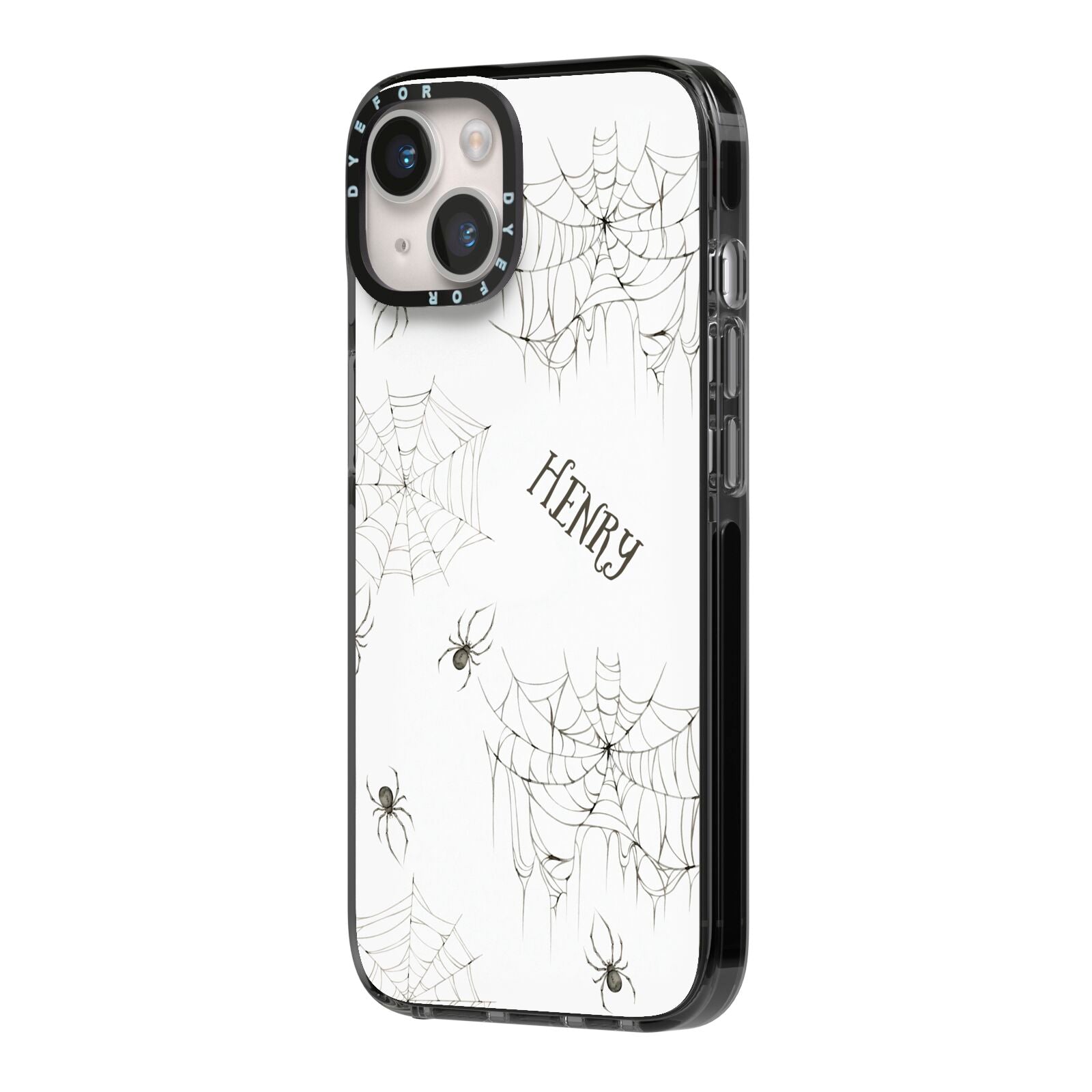 Spooky Spiders Webs Personalised iPhone 14 Black Impact Case Side Angle on Silver phone