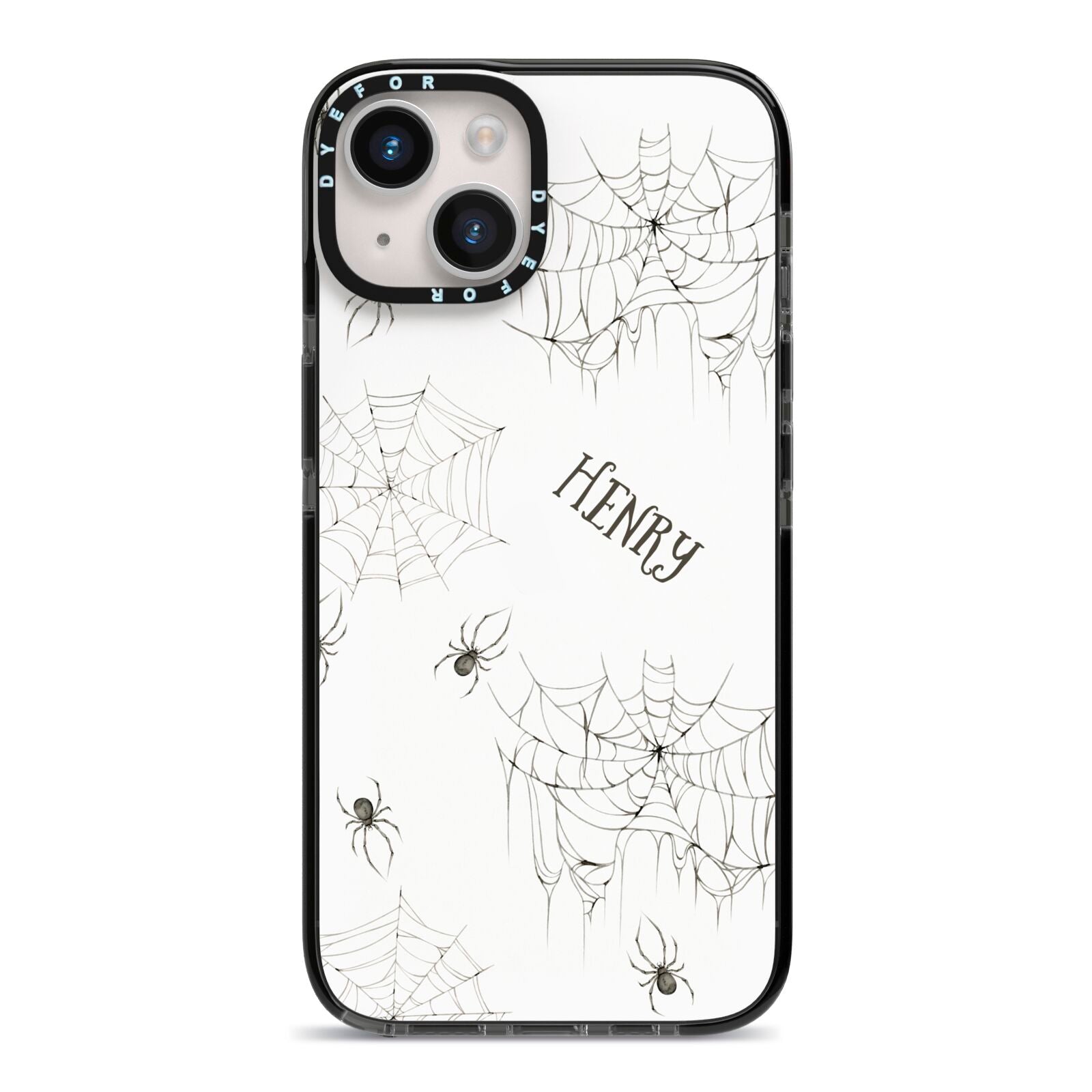 Spooky Spiders Webs Personalised iPhone 14 Black Impact Case on Silver phone