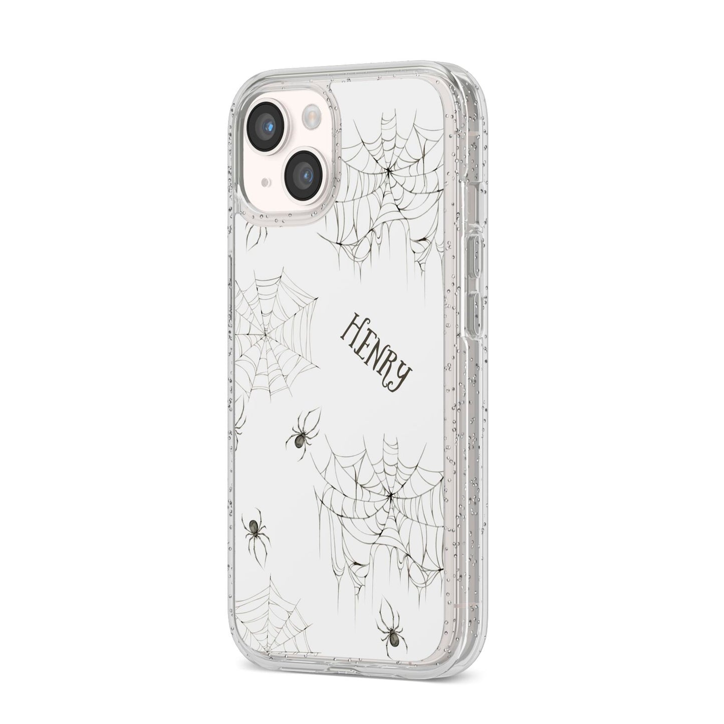 Spooky Spiders Webs Personalised iPhone 14 Glitter Tough Case Starlight Angled Image