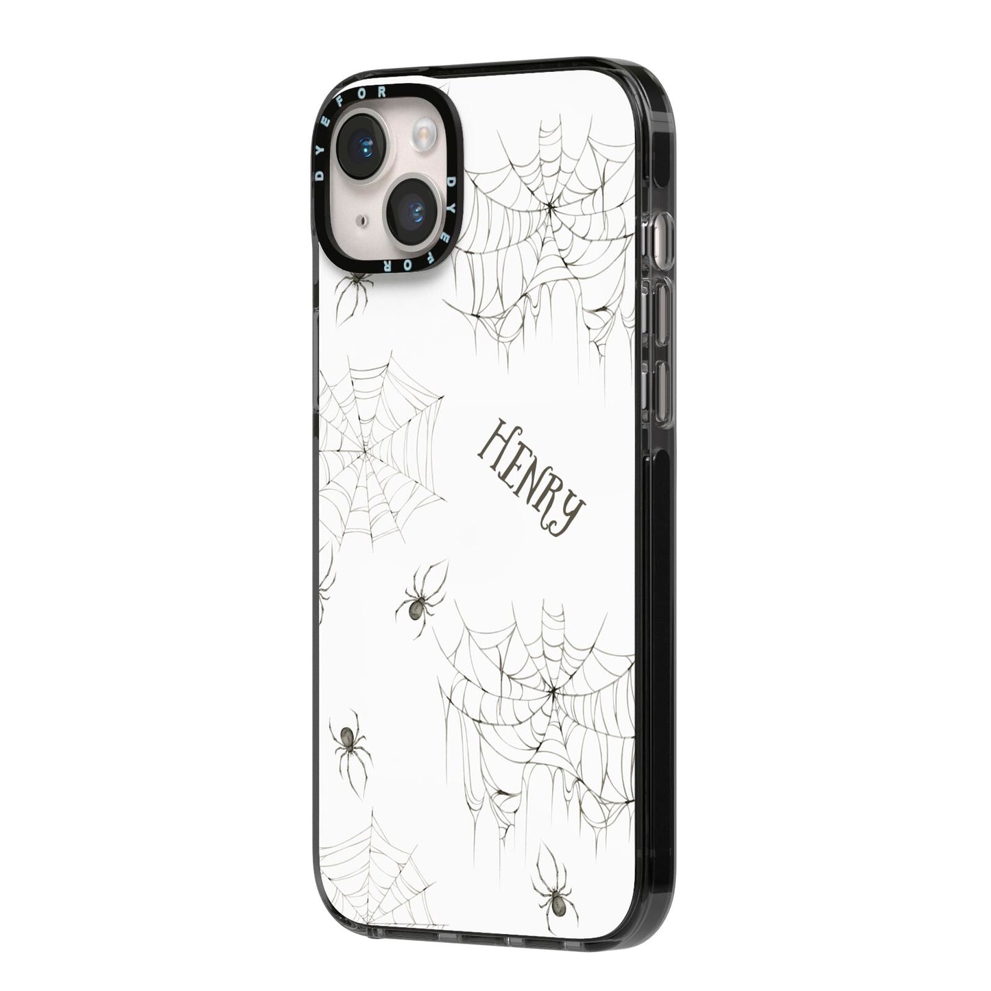 Spooky Spiders Webs Personalised iPhone 14 Plus Black Impact Case Side Angle on Silver phone