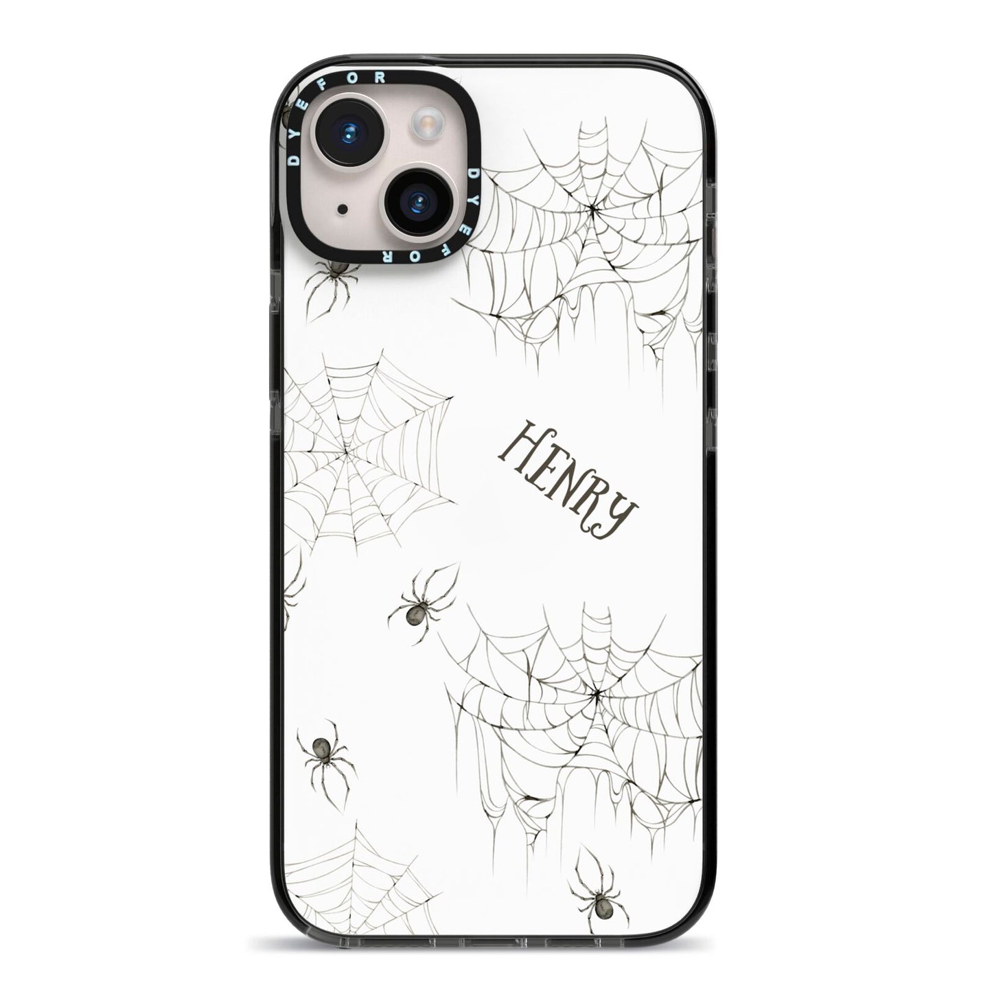 Spooky Spiders Webs Personalised iPhone 14 Plus Black Impact Case on Silver phone