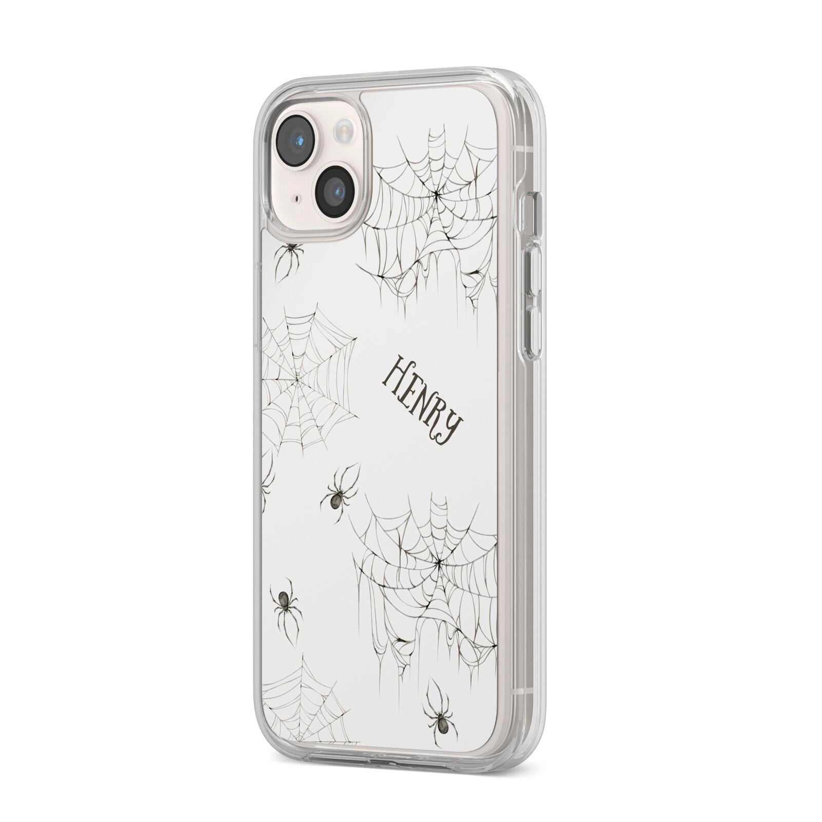 Spooky Spiders Webs Personalised iPhone 14 Plus Clear Tough Case Starlight Angled Image