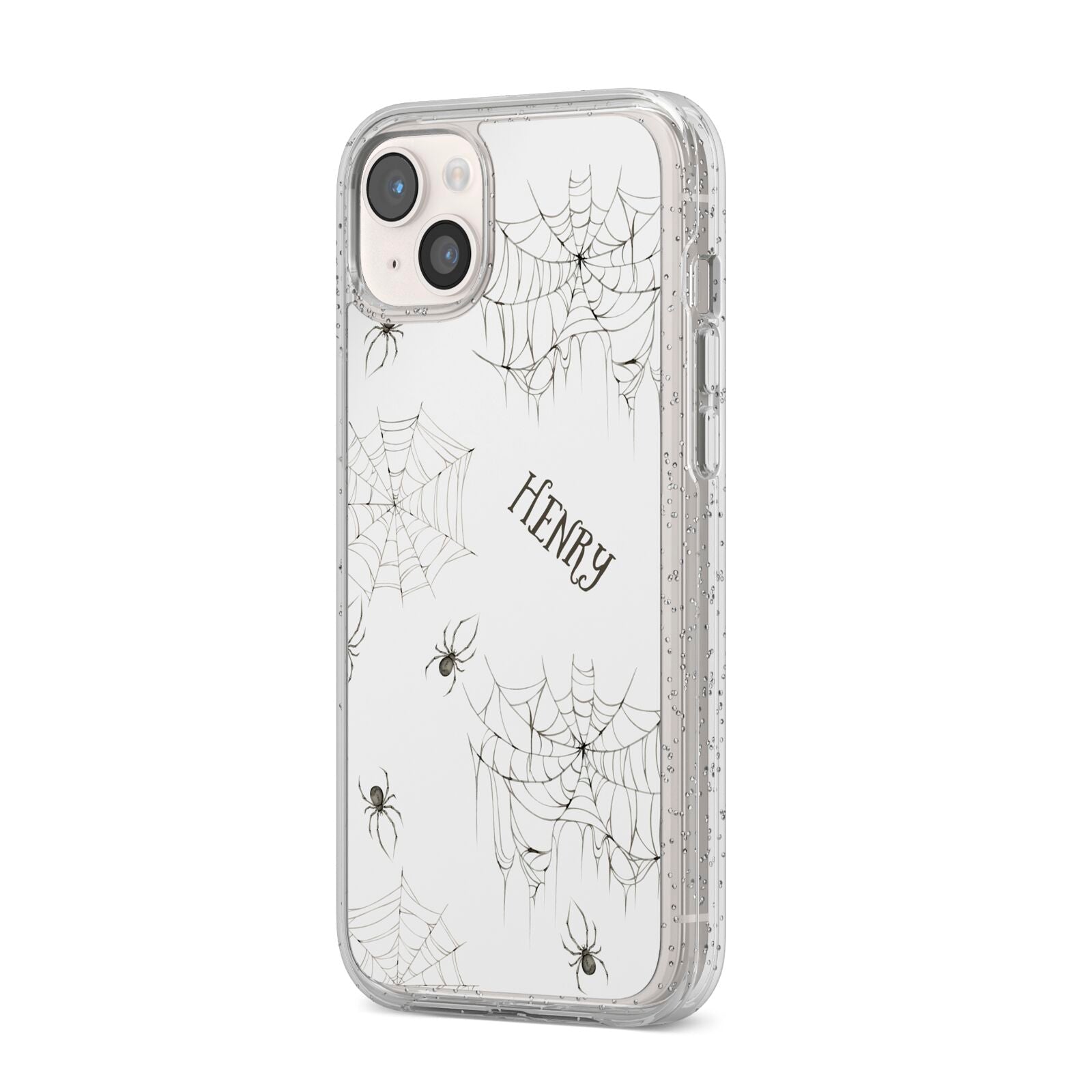 Spooky Spiders Webs Personalised iPhone 14 Plus Glitter Tough Case Starlight Angled Image