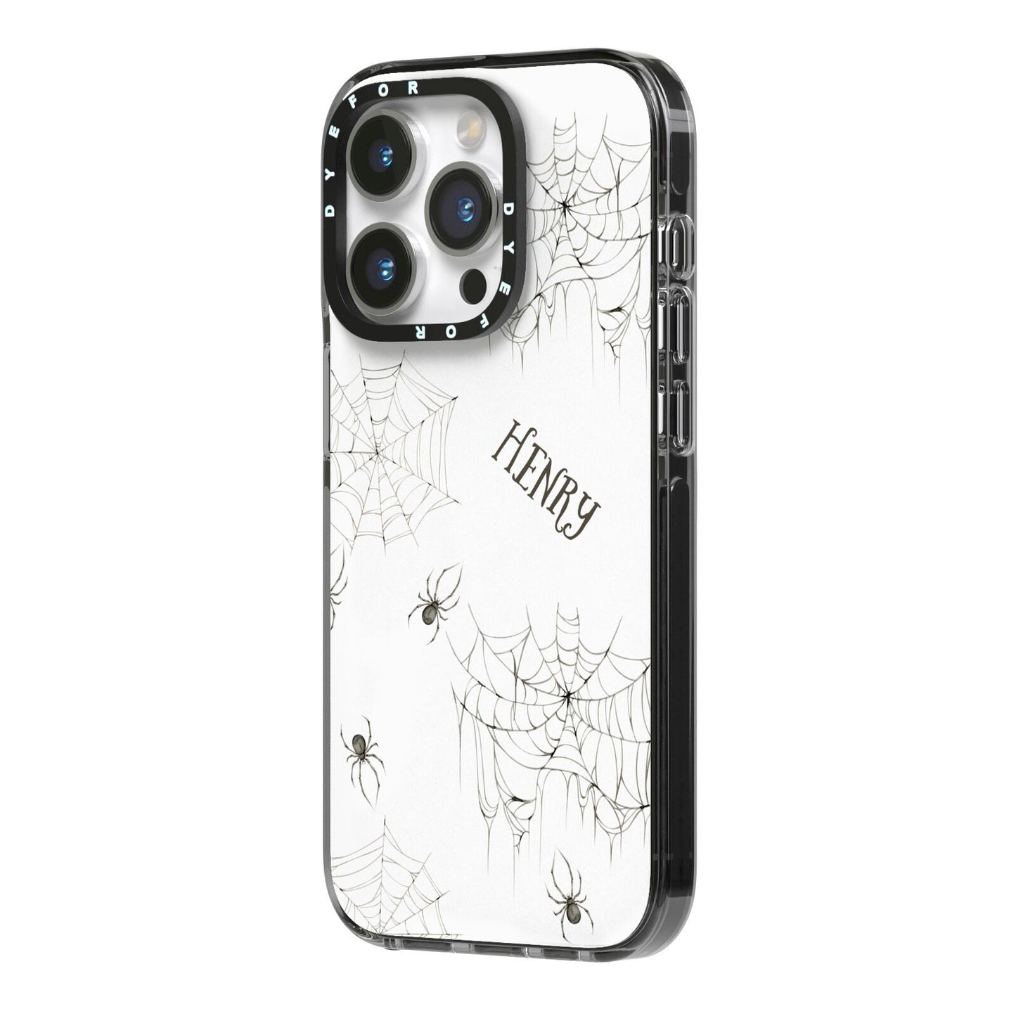 Spooky Spiders Webs Personalised iPhone 14 Pro Black Impact Case Side Angle on Silver phone
