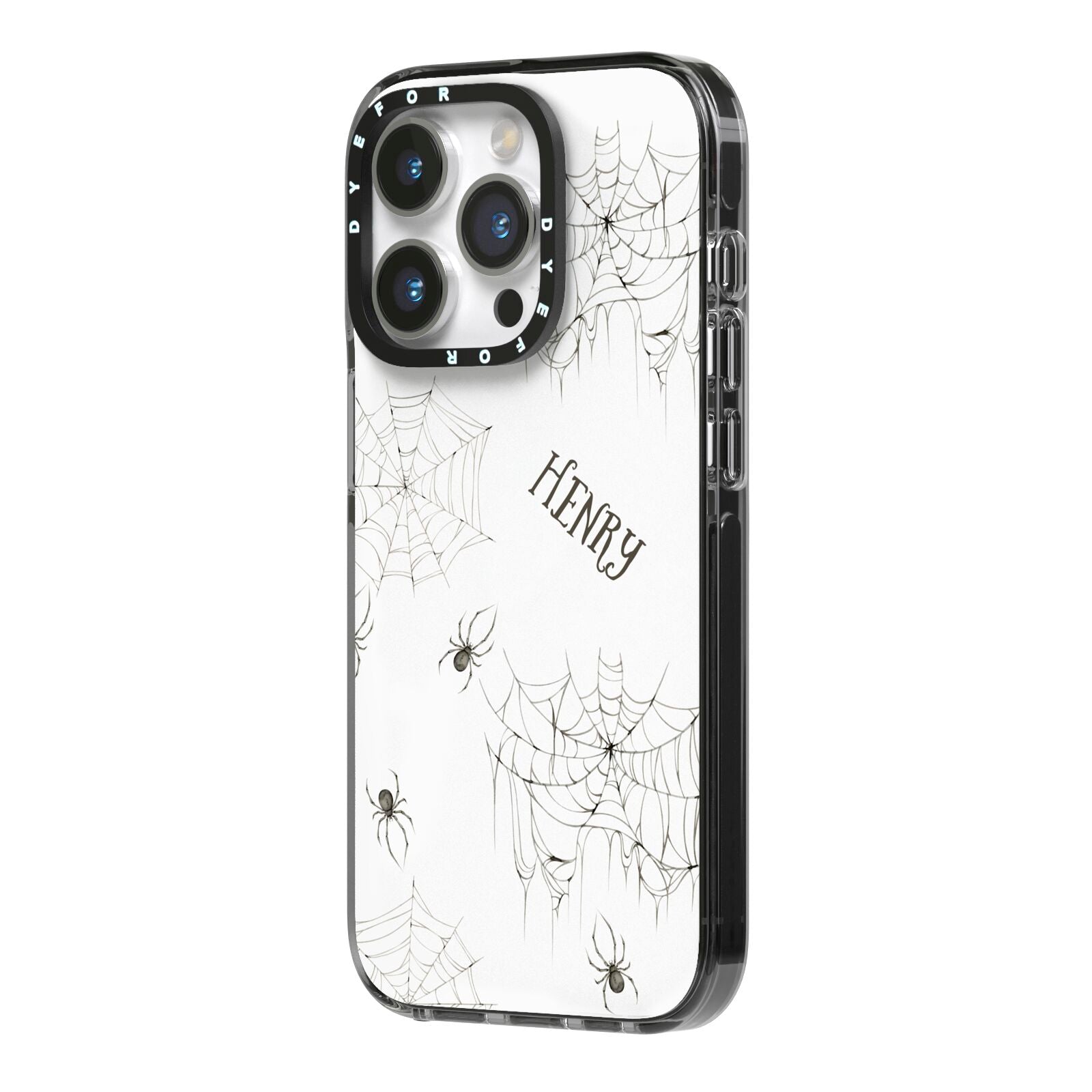 Spooky Spiders Webs Personalised iPhone 14 Pro Black Impact Case Side Angle on Silver phone