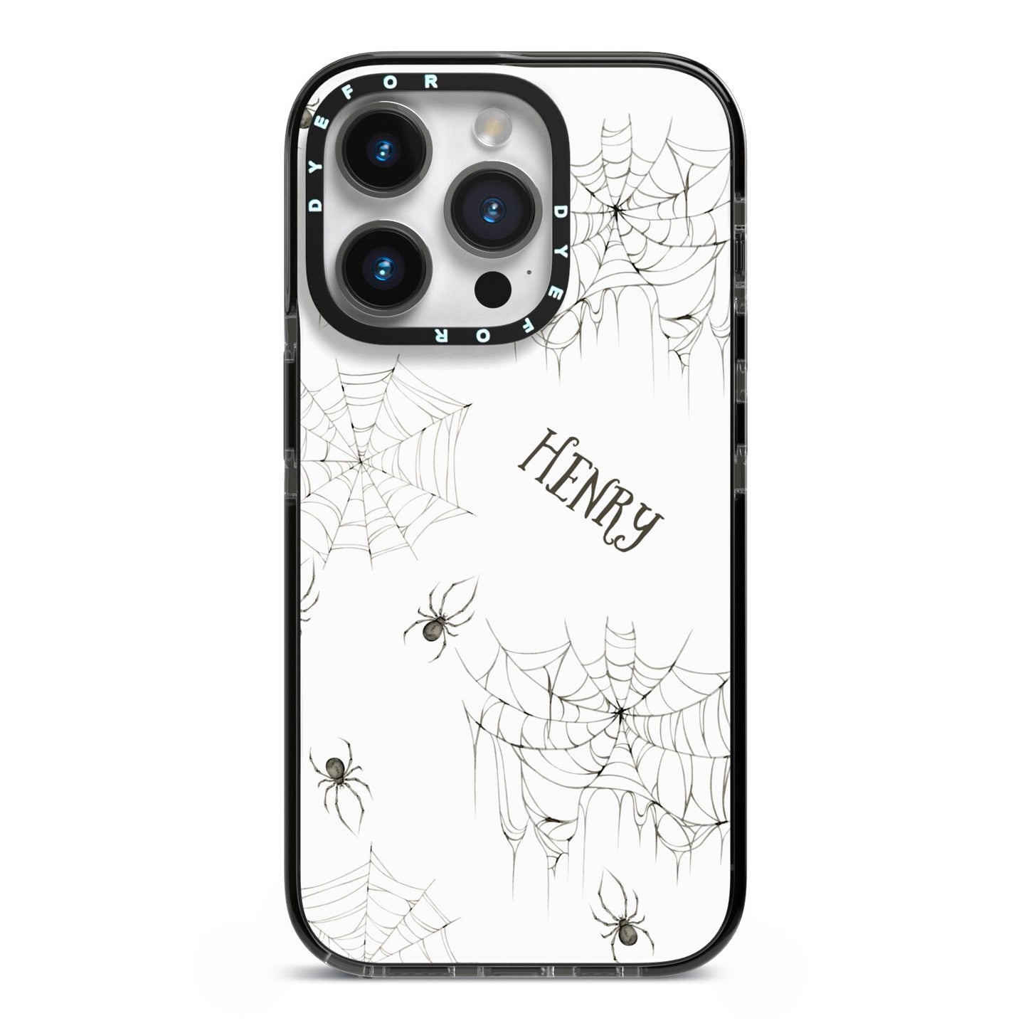Spooky Spiders Webs Personalised iPhone 14 Pro Black Impact Case on Silver phone