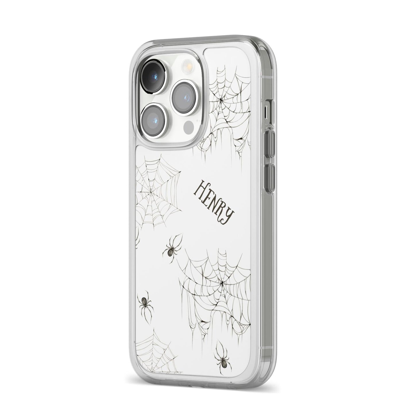 Spooky Spiders Webs Personalised iPhone 14 Pro Clear Tough Case Silver Angled Image